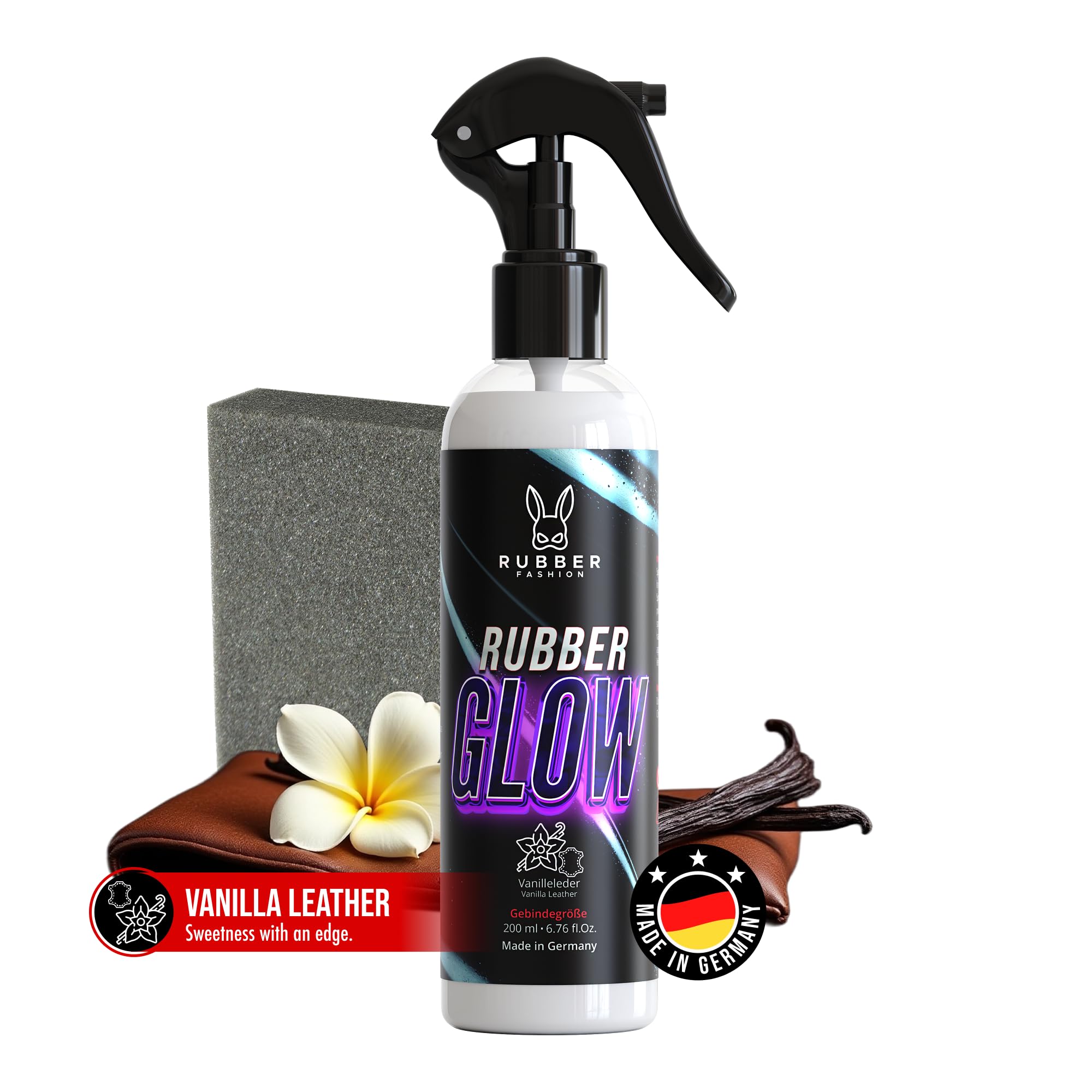 Rubberfashion RubberGlow Spray brillant pour vêtements en latex et en caoutchouc - Spray d'entretien du caoutchouc pour l'entretien du latex - Brillant sans huile de silicone - 200 ml (cuir vanille)