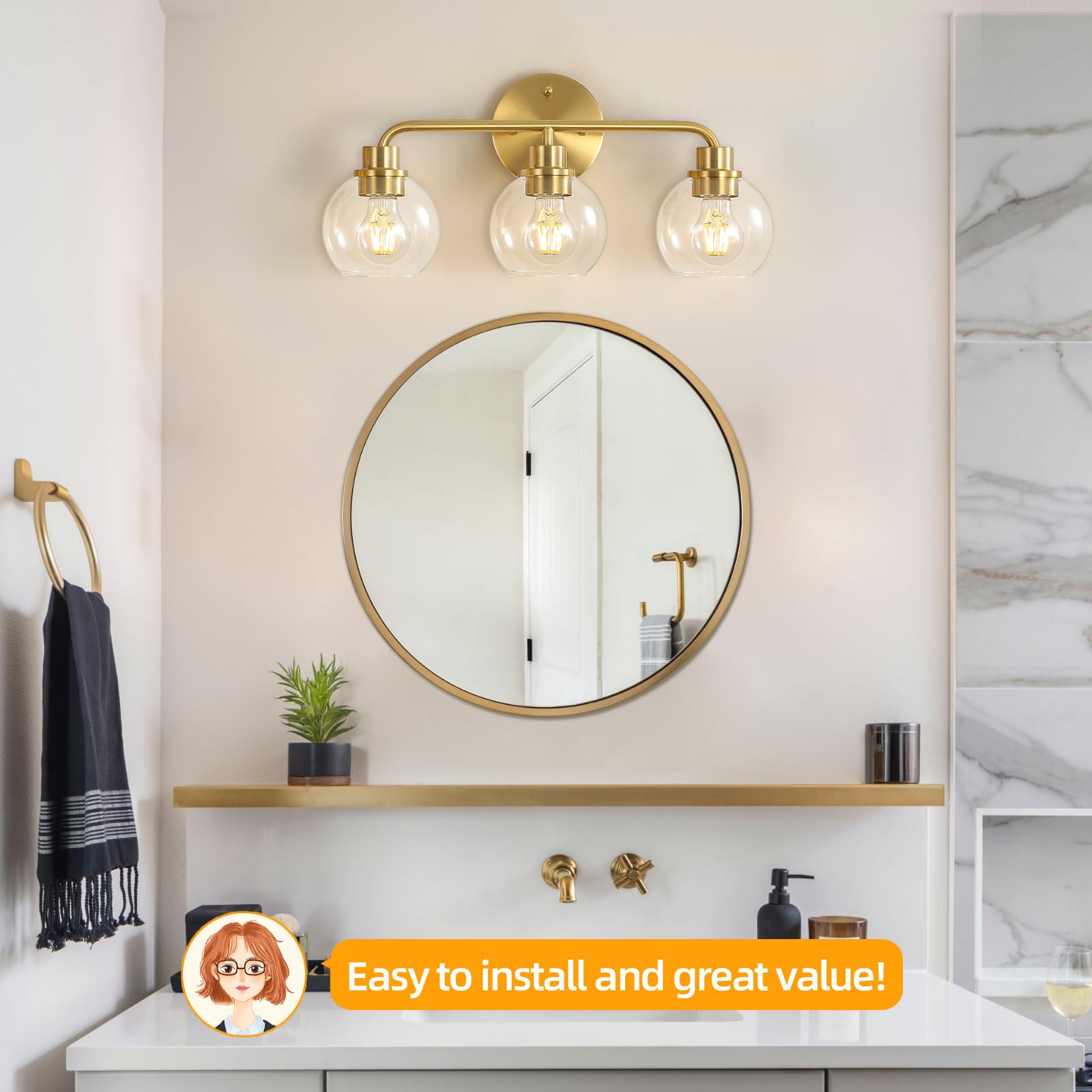 Bathroom Light Fixtures Gold Vanity Light 3 Light Wall Sconces Lighting Brushed Brass Lights with Clear Globe Glass Shades Bath Wall Lamp for Mirror Kitchen Living Room Bedroom Hallway