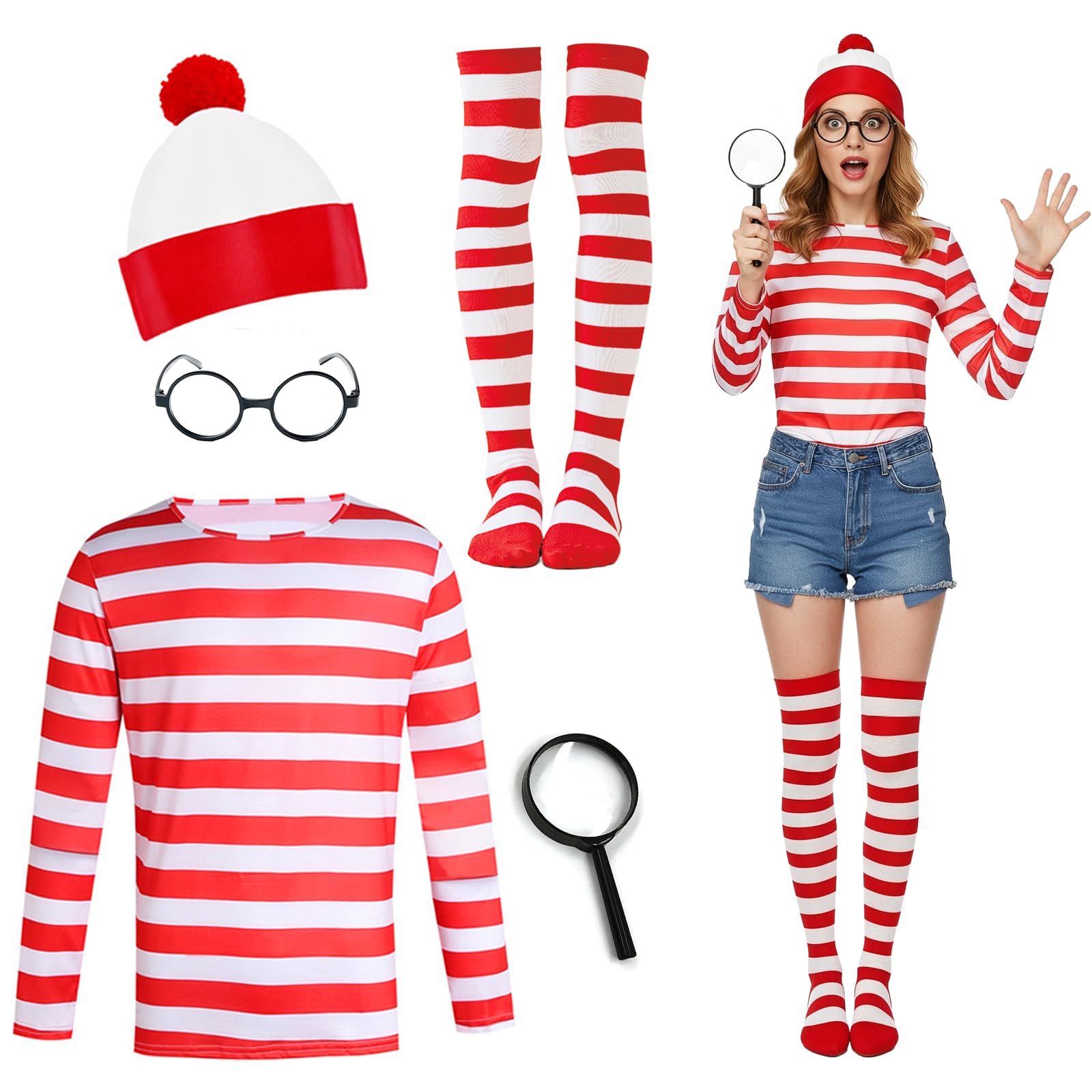 5 Pcs Women Wally Costume Set Adult, World Book Day Fancy Dress Red White Stripe T-Shirt Beanie Hat Glasses Magnifying Glass Socks, Classic Red White Striped Cosplay Costumes for World Book Day (XL)