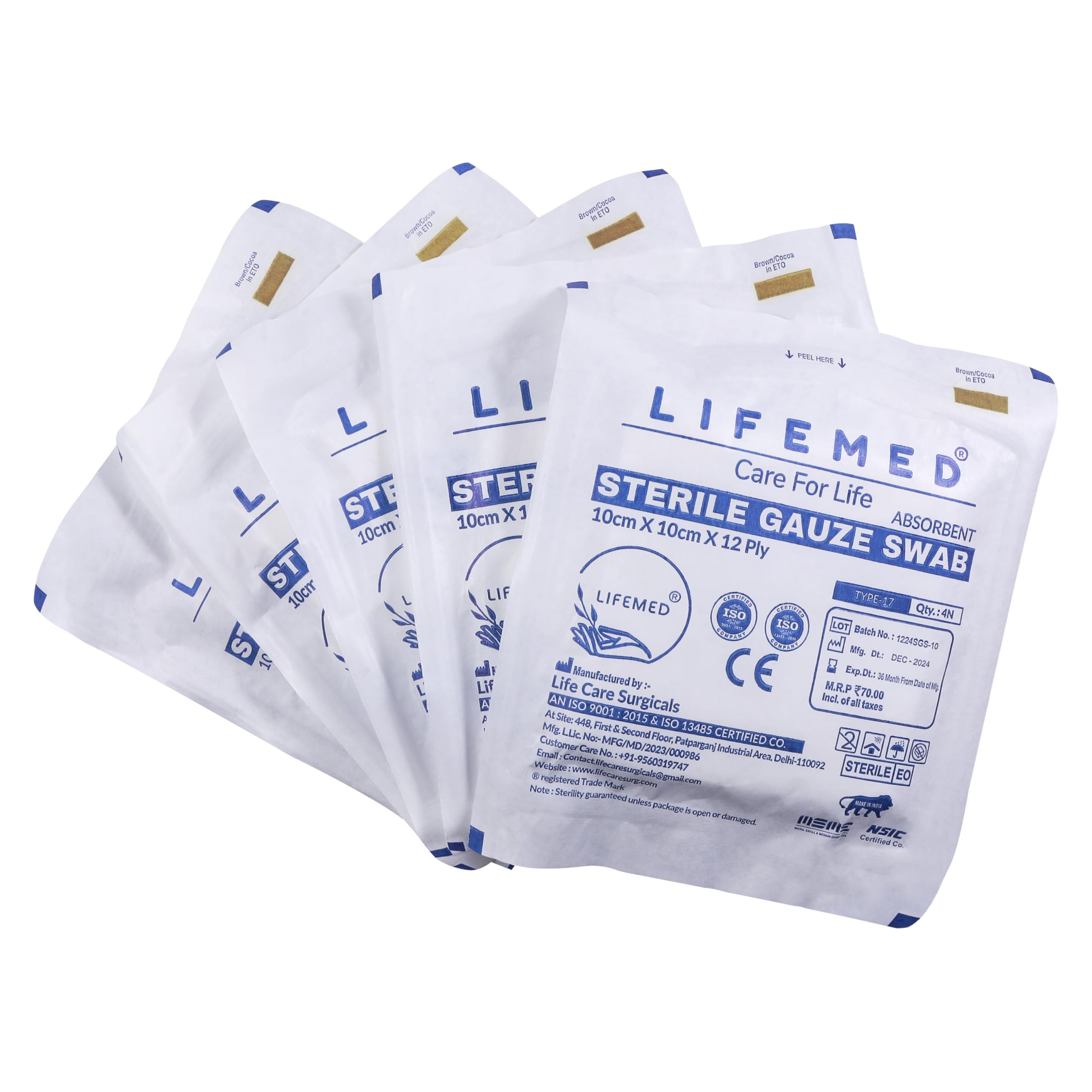 LifeMed Sterile Gauze Swab 10cm x 10cm x 12Ply Type17 Medical Use & Surgical (Box of 10 Pouches)