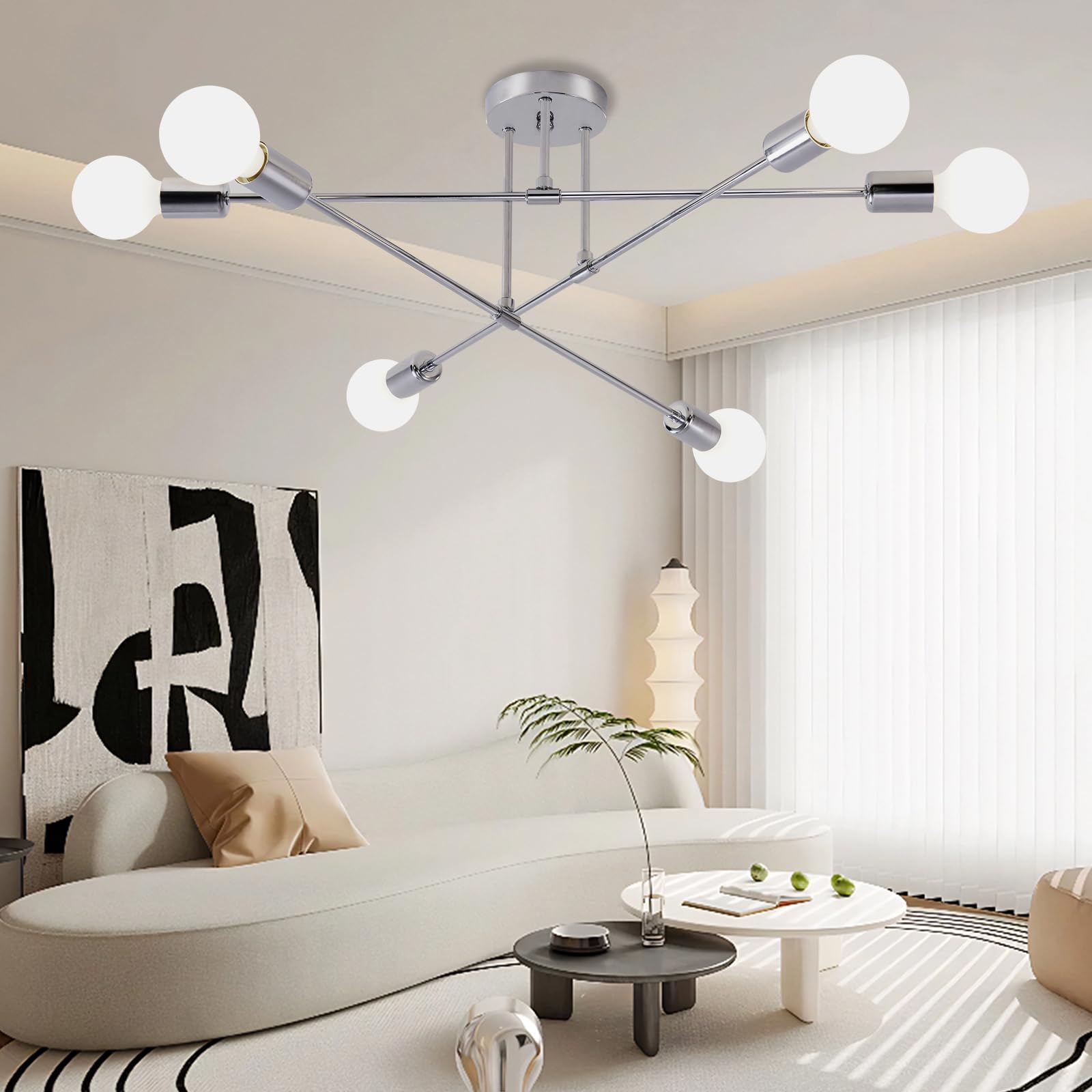 Psatfito G Modern Chandelier Sputnik Ceiling Lamp, 6 Lights E27 Industrial Style Chandelier, Simple Vintage Lamp for Dining Room, Bedroom, Living Room - Silver [E-Class Energy Efficiency]