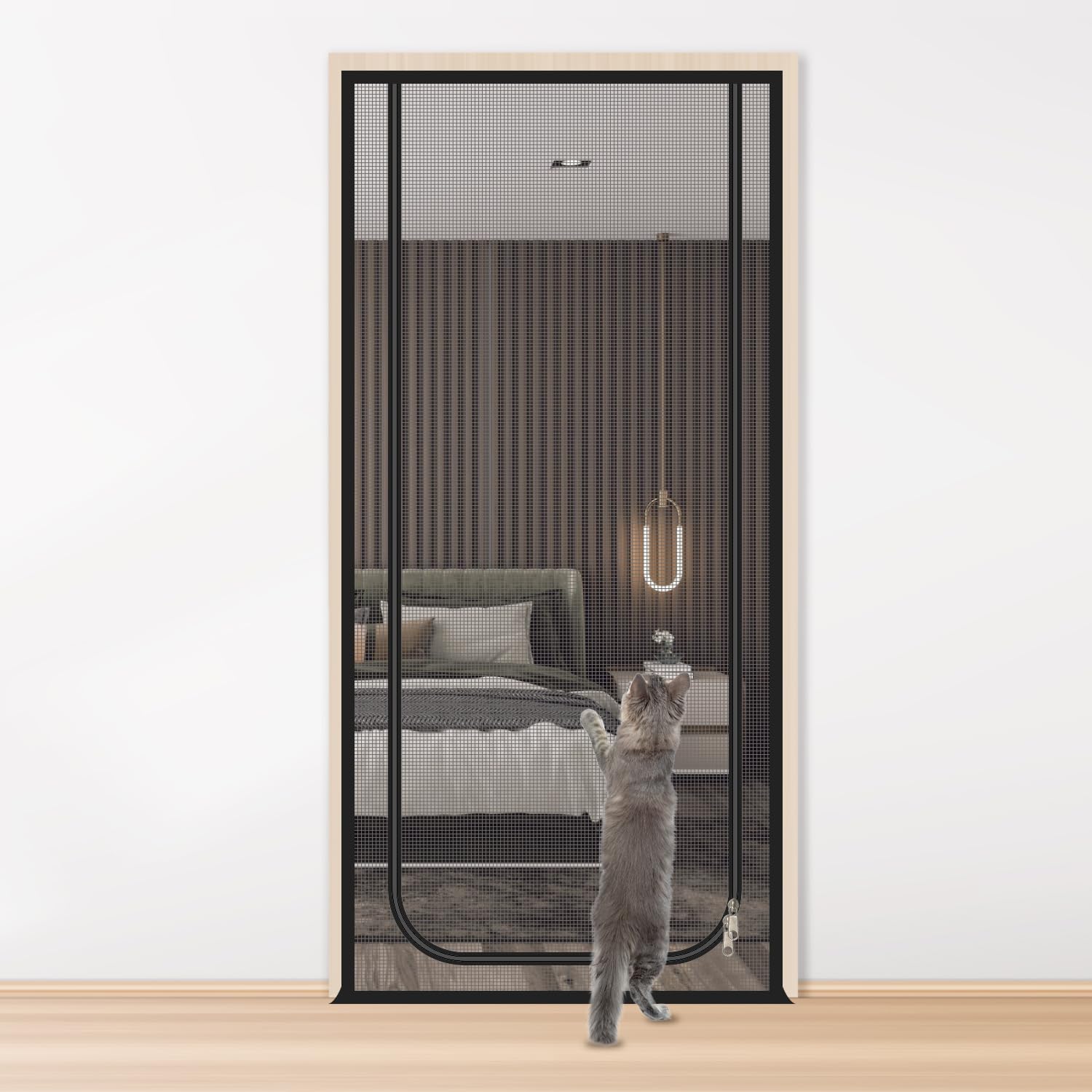 Porte moustiquaire pour chats 85x200cm, porte pour animaux avec fermeture éclair double face, maille renforcée anti-rayures pour chats et chiens (en U - gris)