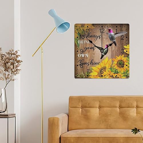 Miniatura 5 de Reloj de pared de PVC Always Bring Yours Own Sunshine Relojes sin marco, colibrí, girasol, 12 pulgadas, cita refranes, cuadrado, silencioso, sin