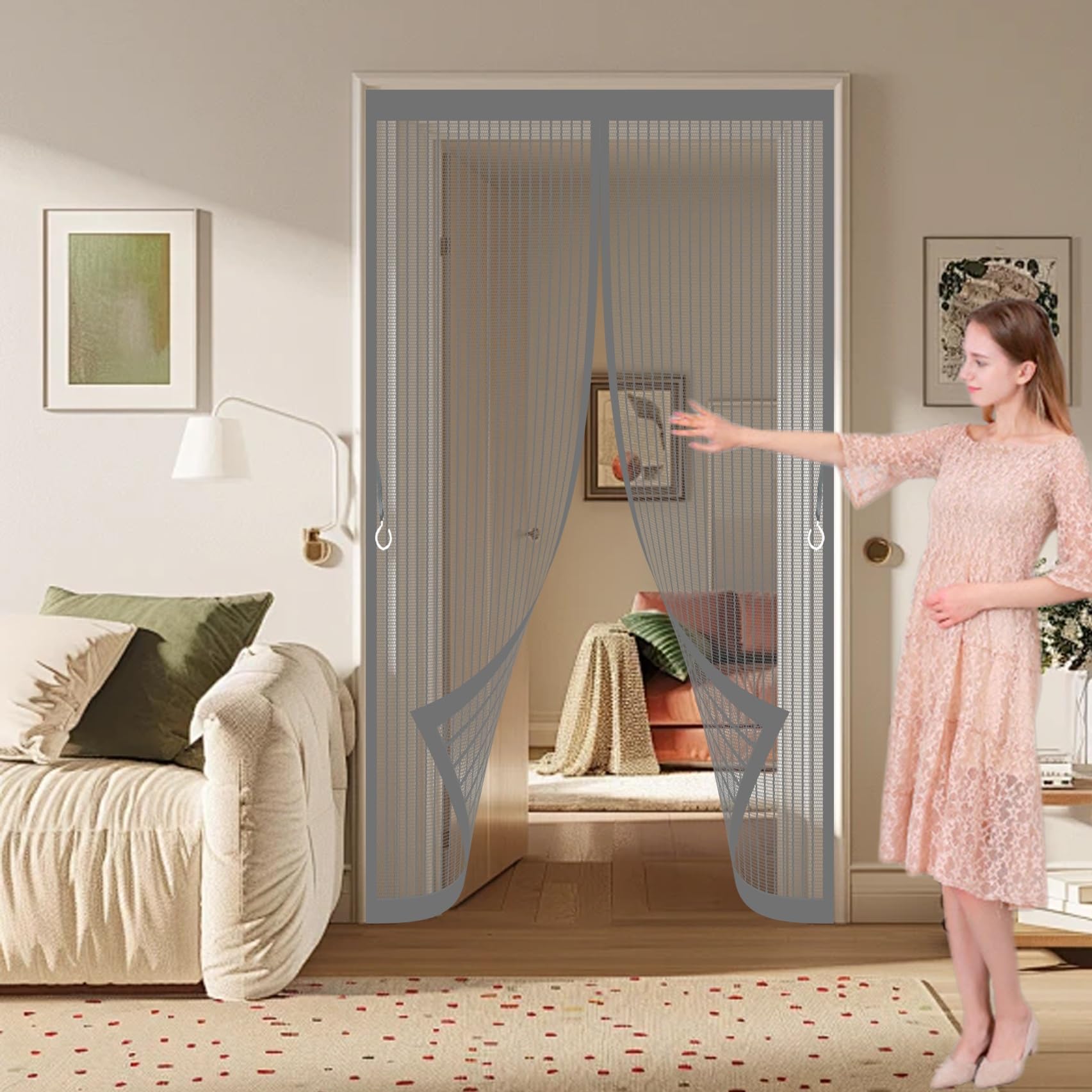 Xueqxue Grey Fly Nets For Doors 126 X 156 Cm With Powerful Magnets & Full Frame Magic Tape, Keep Bugs Out & Lets Fresh Air In Mosquito Double Door For Patio Doors Balcony,
