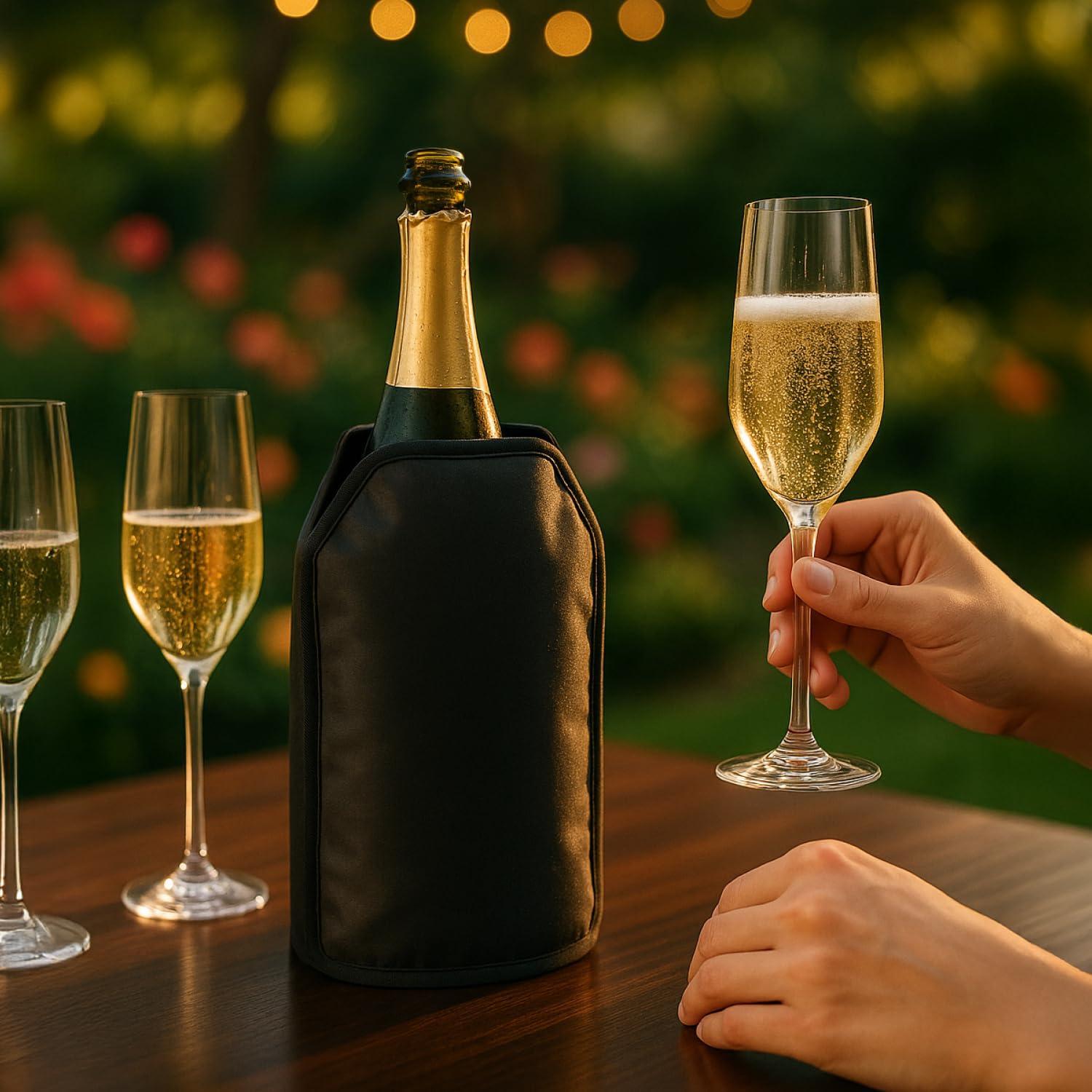 2x Enfriador de botellas portátil, funda refrigerante con banda elástica para vino, cerveza, cava y refrescos (Negro - 2 piezas)