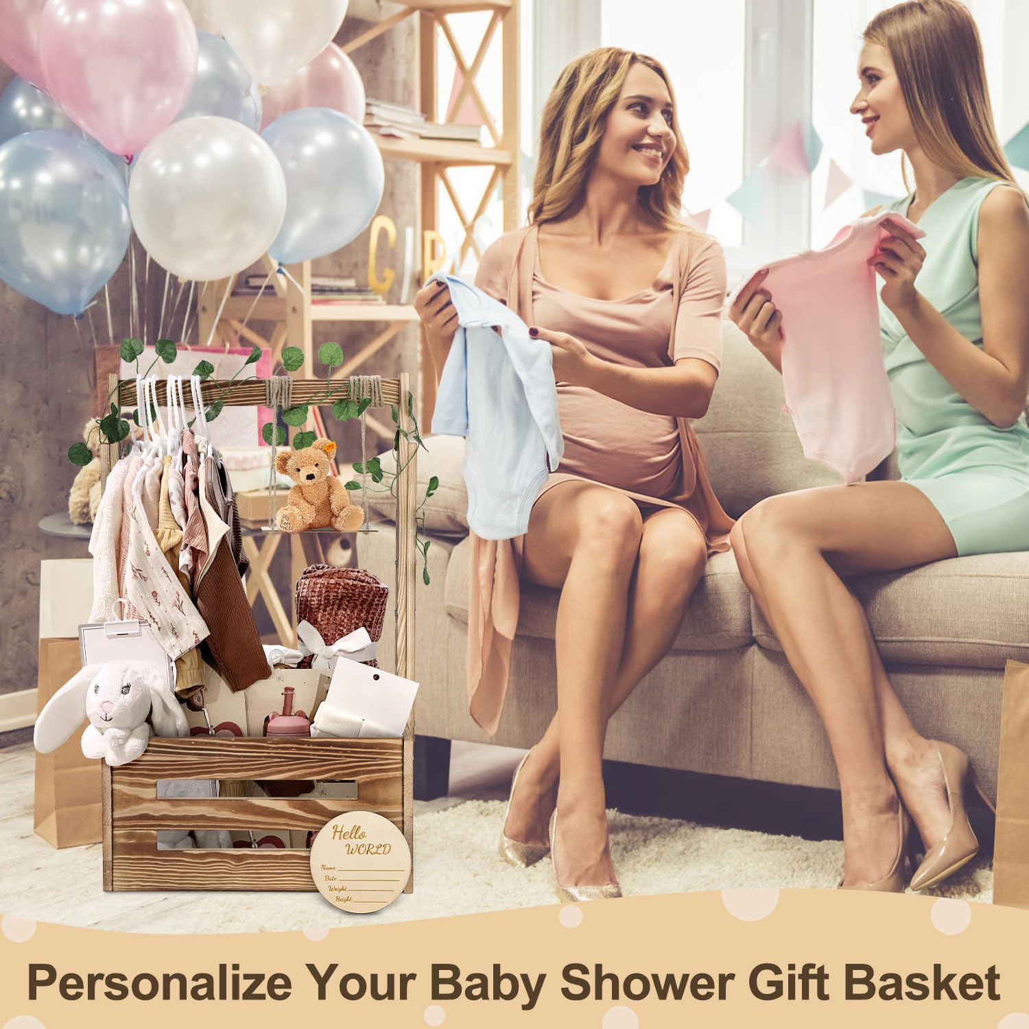 Armario de madera para baby shower, cesta de baby shower con estante de 33.5 pulgadas de alto y columpio, caja de bienvenida para bebé con asa, caja de almacenamiento de fácil montaje para embarazo