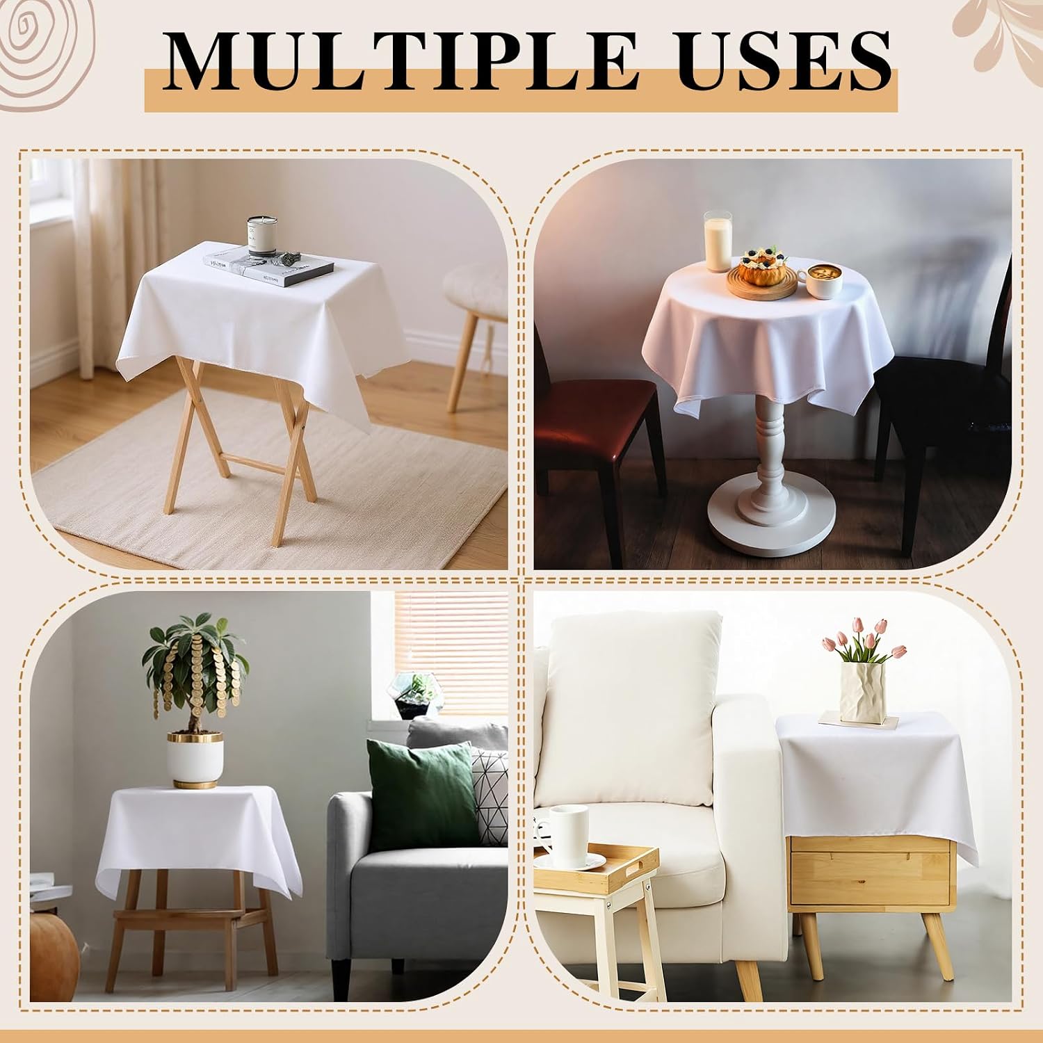 Oudain 2 Pcs Small Tablecloth Washable Fabric Folding TV Tray Table Cloth Polyester Solid Color Nightstand Cover for Bedside Table Side Outdoor Indoor(White,24 x 36 Inch,Classic Edge)
