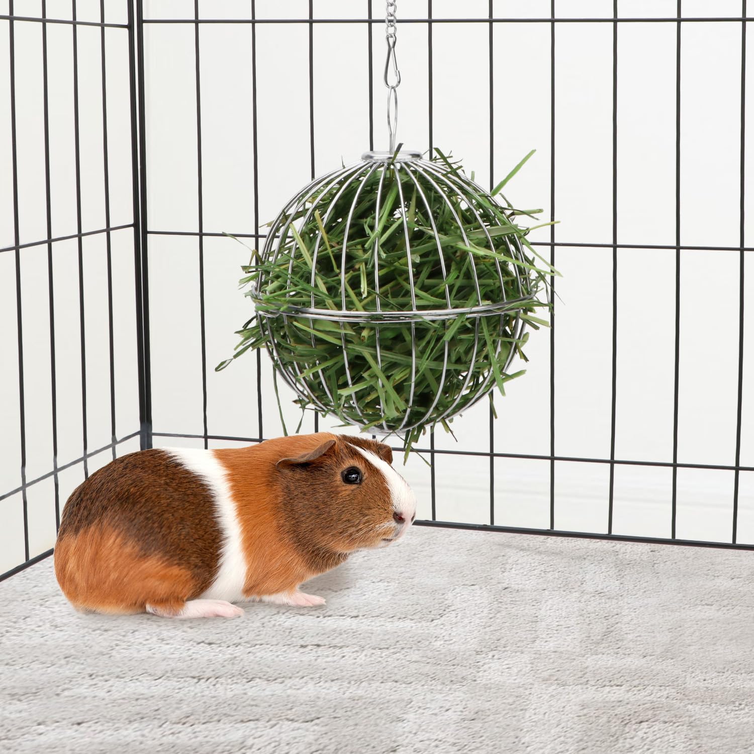 FORZENA Premium Stainless Steel Sphere Hay Ball Feeder with Hanging Feature - Ideal Feed Dispenser & Toy for Bunny, Hamster, Guinea Pig, Rat, Chinchilla & Small Animal Hay Feeding (Hang Style)