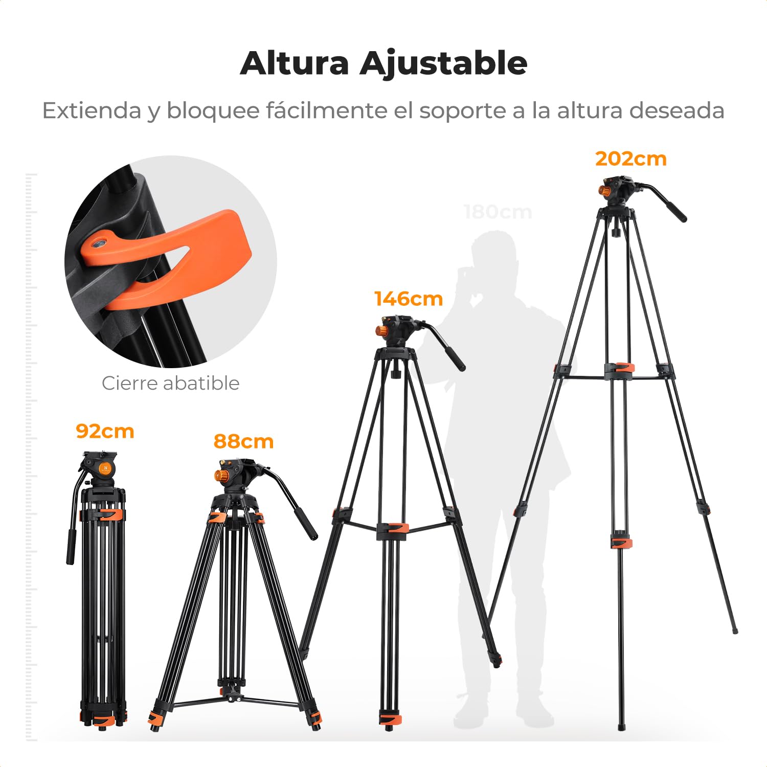 K&F CONCEPT Trípode Vídeo 202cm Tripode Proyector con Cabezal Fluido, Trípode Cámara de Aluminio de Alta Resistencia con Amortiguación de Fricción Suave para DSLR, Video cámara, Carga Máxima 8kg