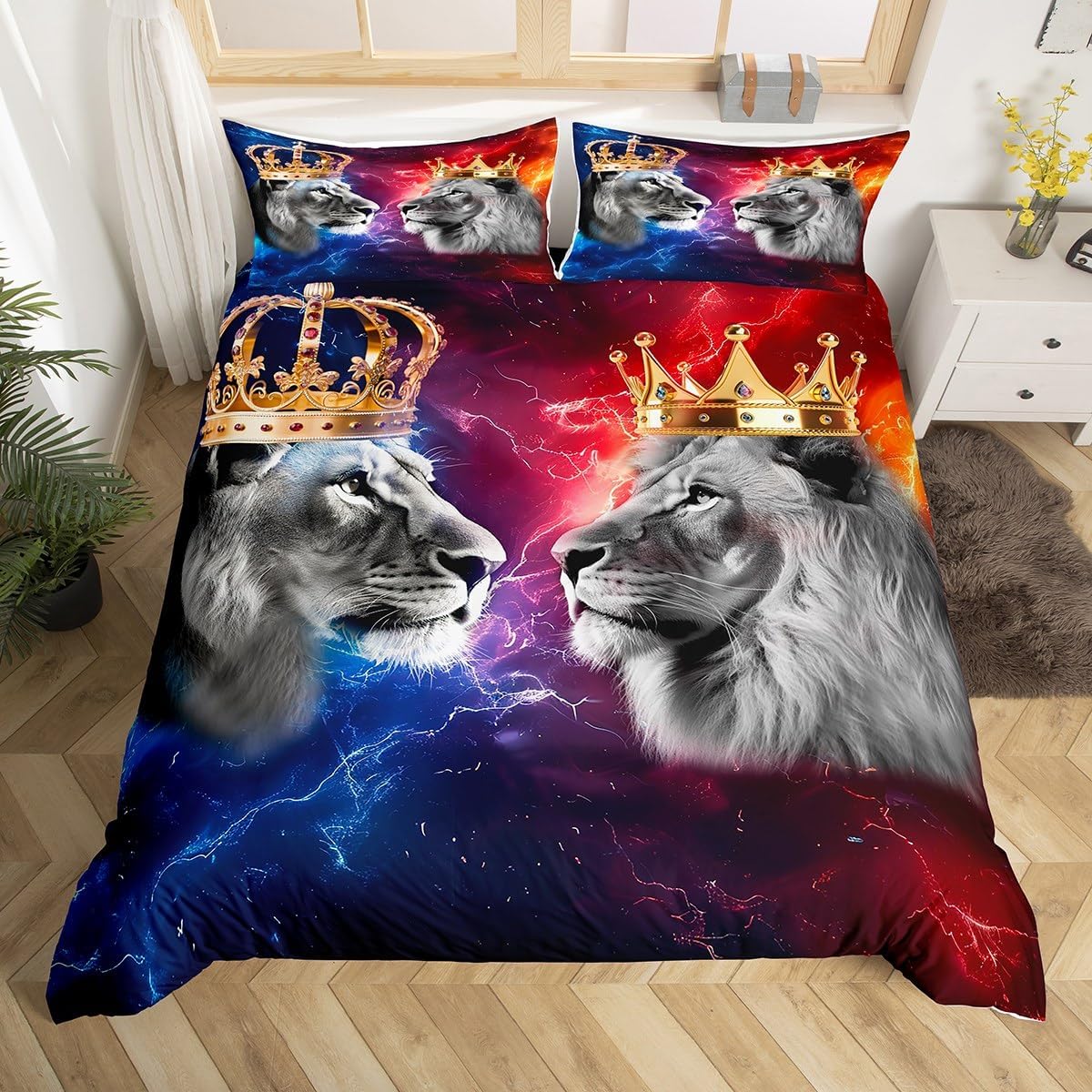 Wild Lion Couple Bedding Set King Size for Teens,King and Queen Golden Crown Print Comforter Cover with 2 Pillowcases,3D African Animals Red Blue Lightning Soft Microfiber Duvet Cover Set，Black