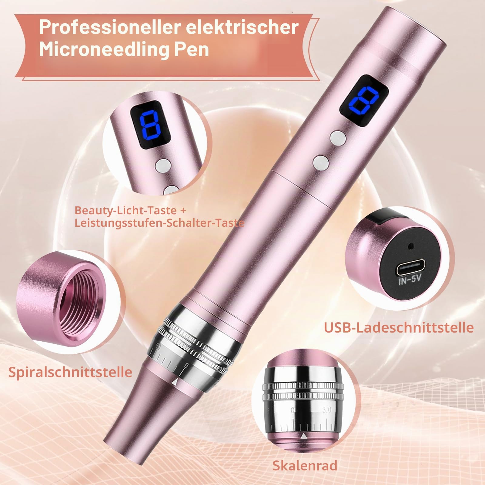Dermapen Elektrischer Microneedling-Stift mit 8 Geschwindigkeiten, 0-2,5 mm, mit 7 Modell-LED-Licht, mit Hyaluronsäure-Gesichtsserum (inkl. 12 Nadelpatronen) (Rosa)