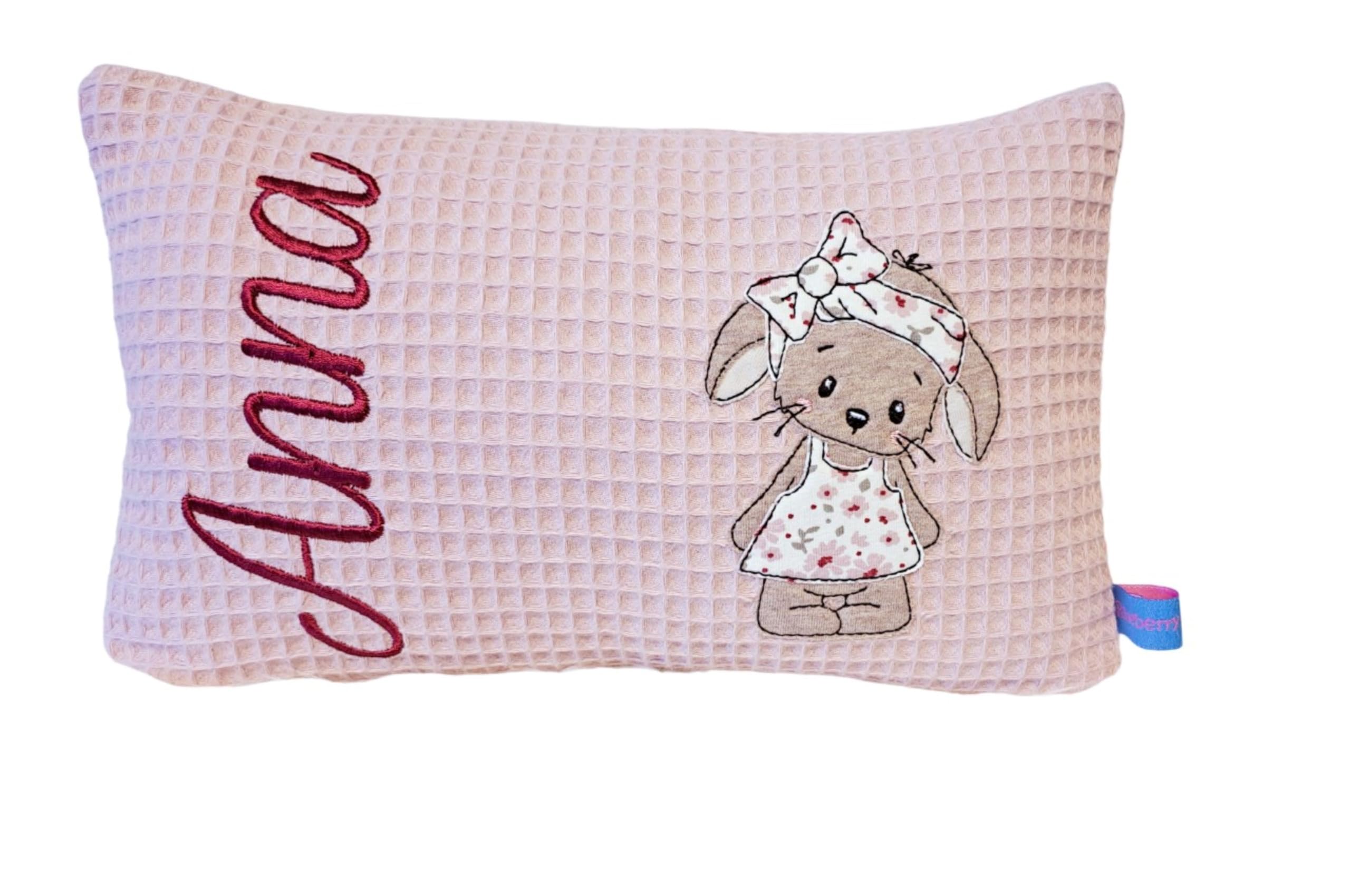 Personalisiertes Kissen zur Geburt und Taufe | Bestickt mit Namen und süßem Tiermotiv | Waffelpiqué Häschen, 30cm x 50cm)