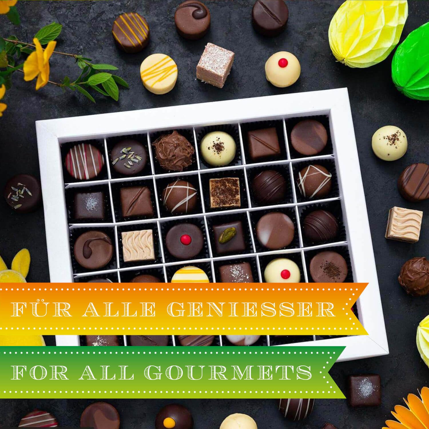 Hallingers Genuss Manufaktur Pralinen Oster-Geschenk - mit & ohne Alkohol, handmade aus Confiserie-Edelkakao in wertiger XXL-Geschenkbox ""Frohe Ostern grün"", Ostern Körbchen für Frauen Männer