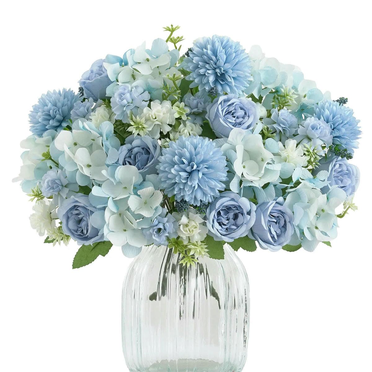 AYHTUD 1/4pcs Realistic Artificial Flower Bouquet, Reusable Faux Peony Chrysanthemums Hydrangea Bouquets with Stem, Home Room Decor-blue -4pcs