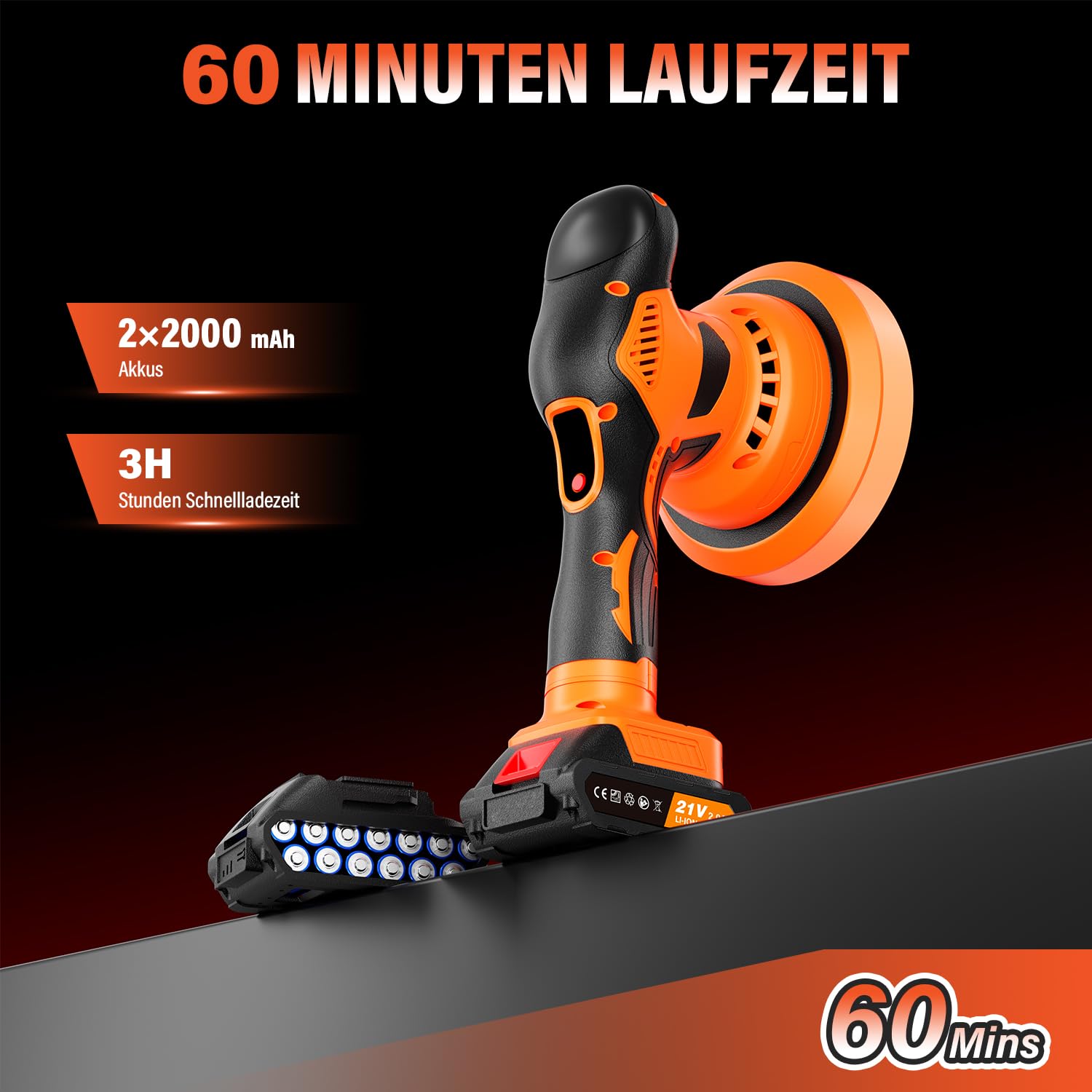 Lucidatrice Auto a Batteria, 8 Velocità Variabili, 2800–6000 giri/min, Lucidatrice Rotorbitale con 2 Batterie da 21 V 2.0 Ah e 21 Pezzi Kit Lucidatura Auto per la Cura dei Dettagli dell'auto