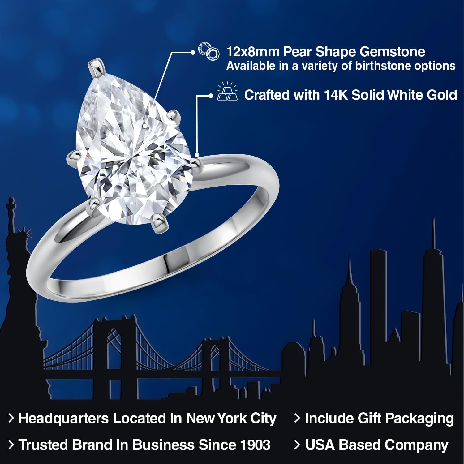 Gem Stone King 14K White Gold 12X8MM Pear Shape Gemstone Birthstone Solitaire Engagement Ring | Wedding Anniversary Promise Gold Ring For Women | Available In Size 5, 6, 7, 8, 9 - Image 2