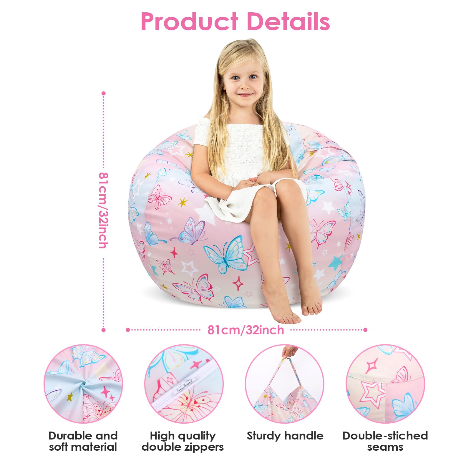 Kids Bean Bag Chair-Cover Only-Large Stuffed Animal Storage Bean Bag for Girls Boys Indoor Outdoor (No Filling),Colorful Butterfly - Image 3