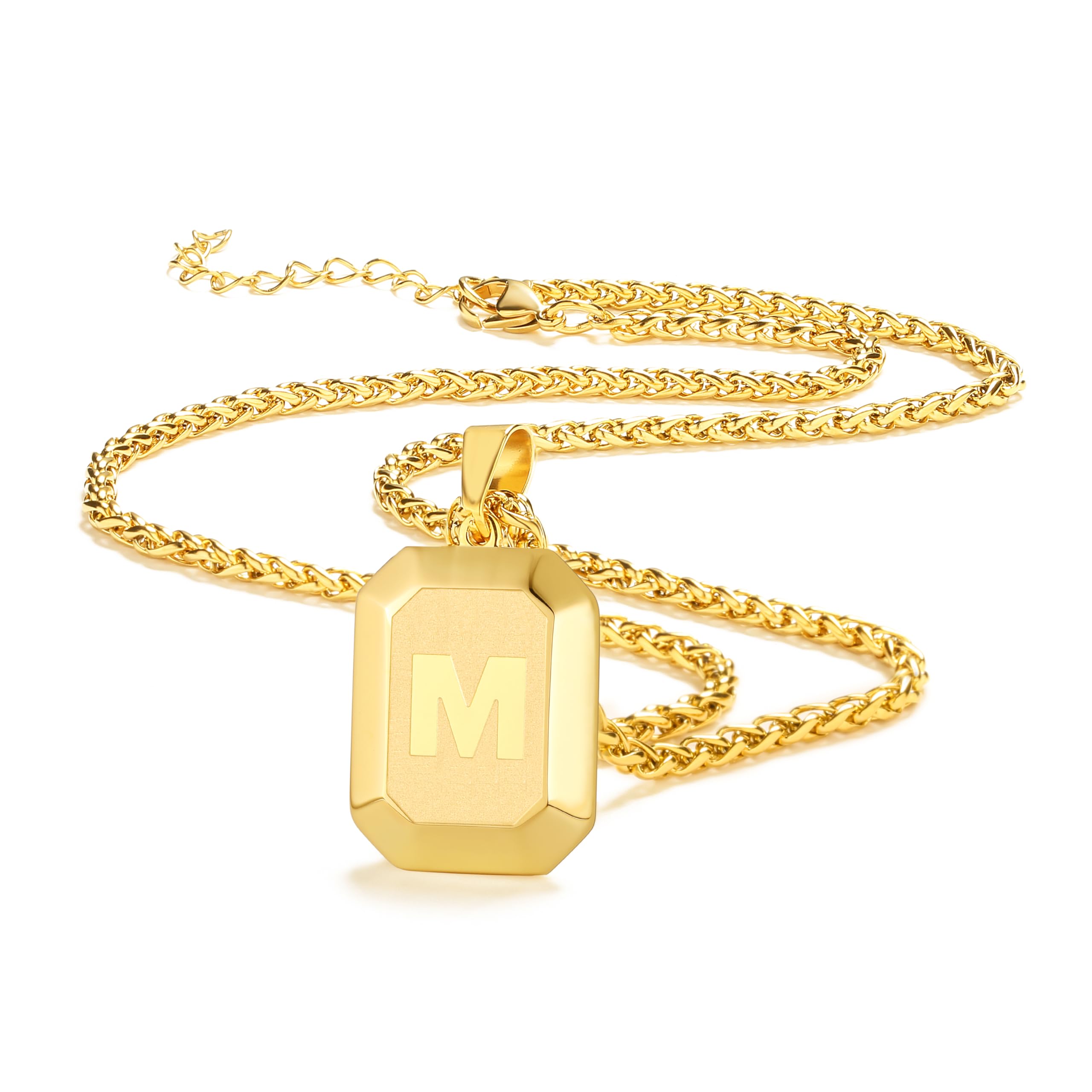 Miss Chipmunk Initial A-Z Halskette für Männer Jungen, Edelstahl Quadrat Brief Anhänger Kette für Männer, 20 + 2 Zoll Weizen Kette Alphabet Monogramm Hundemarke Halsketten Schmuck Geschenke