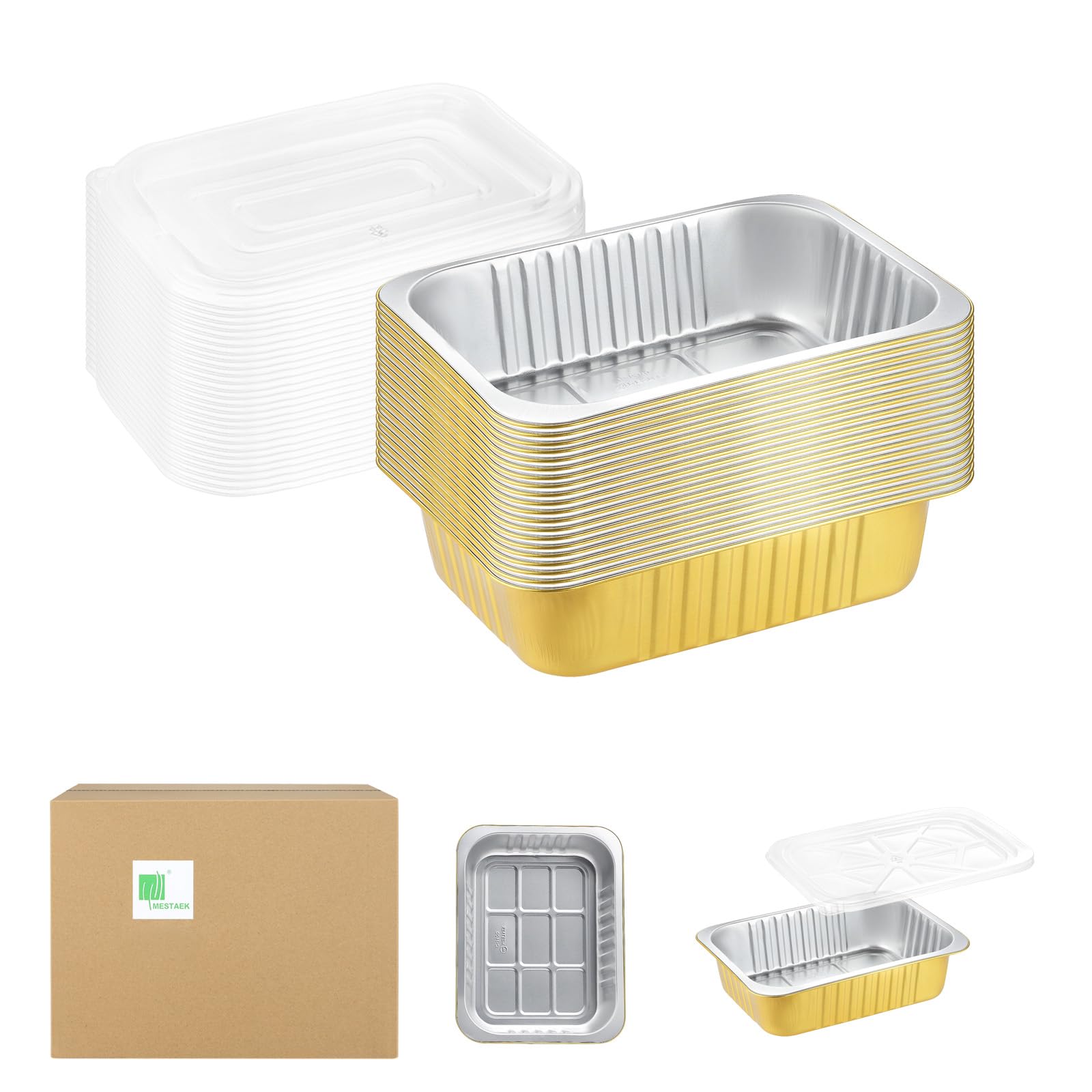 MESTAEK 8.5" x 6.5" Aluminum Foil Pans with Lids, 20 Pack | 2X Thicker Heavy Duty Disposable & Reusable Foil Pans | 47 oz | Oven Grill Microwave Safe