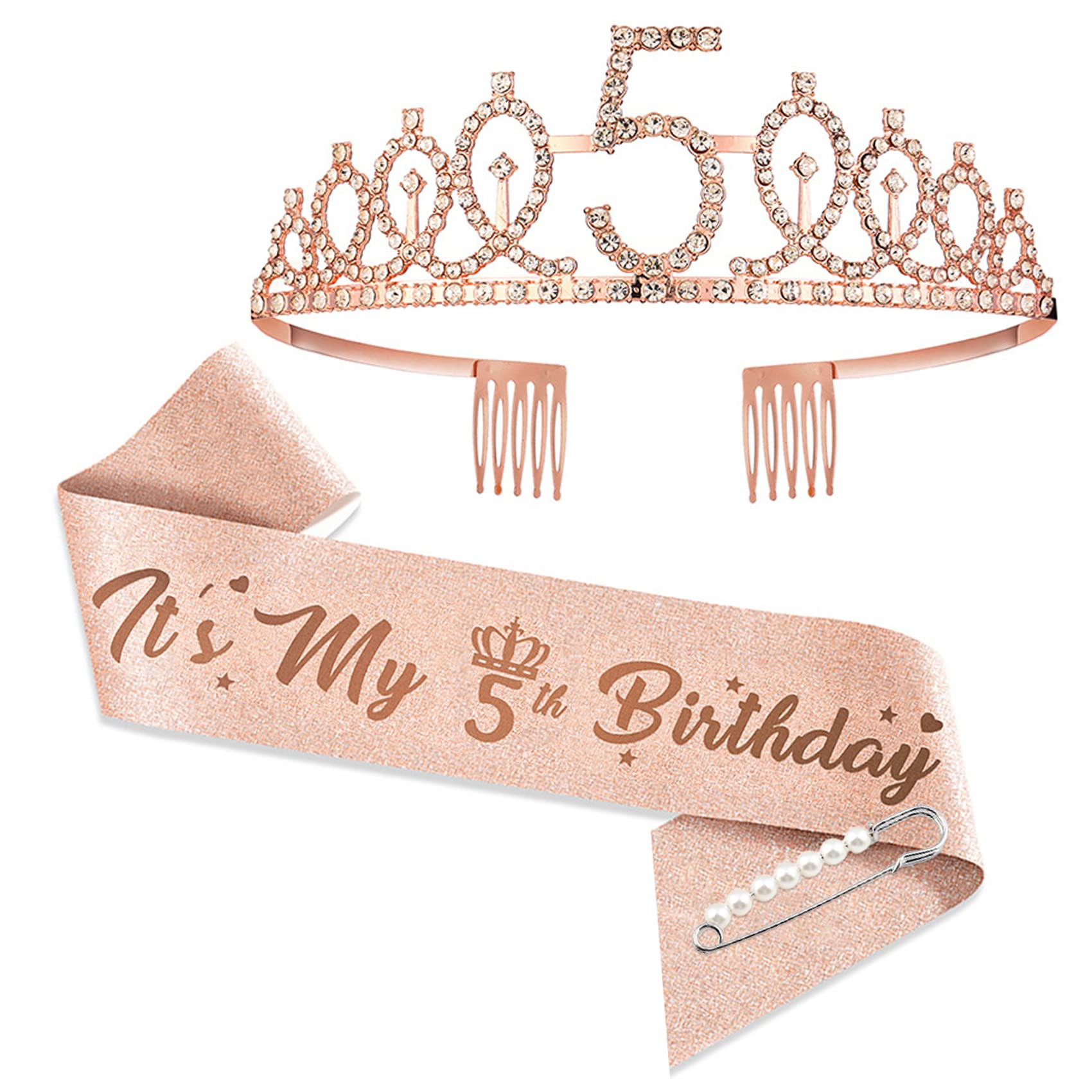 5th Birthday Tiaras and Crowns for Women Girls, Birthday Decorations Rose Gold Sash Crystal Tiara Party Supplies