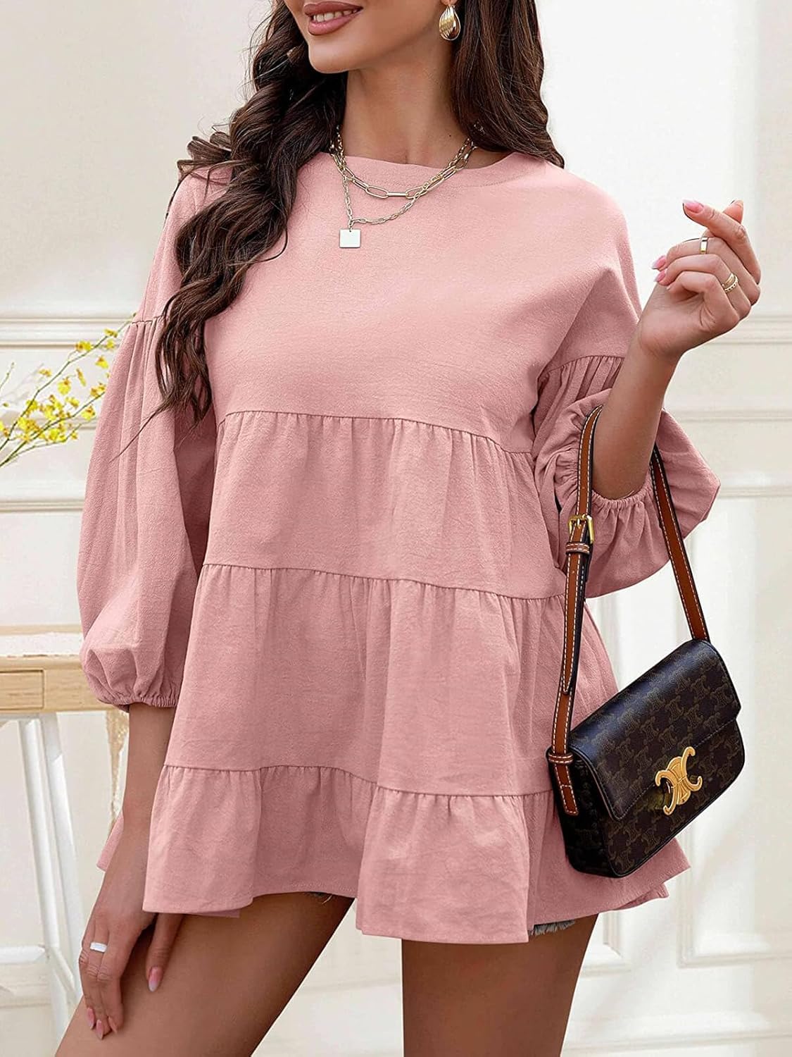 Women's Peplum Tops 3/4 Lantern Sleeve Crewneck Loose Babydoll Shirt Blouse - Image 2
