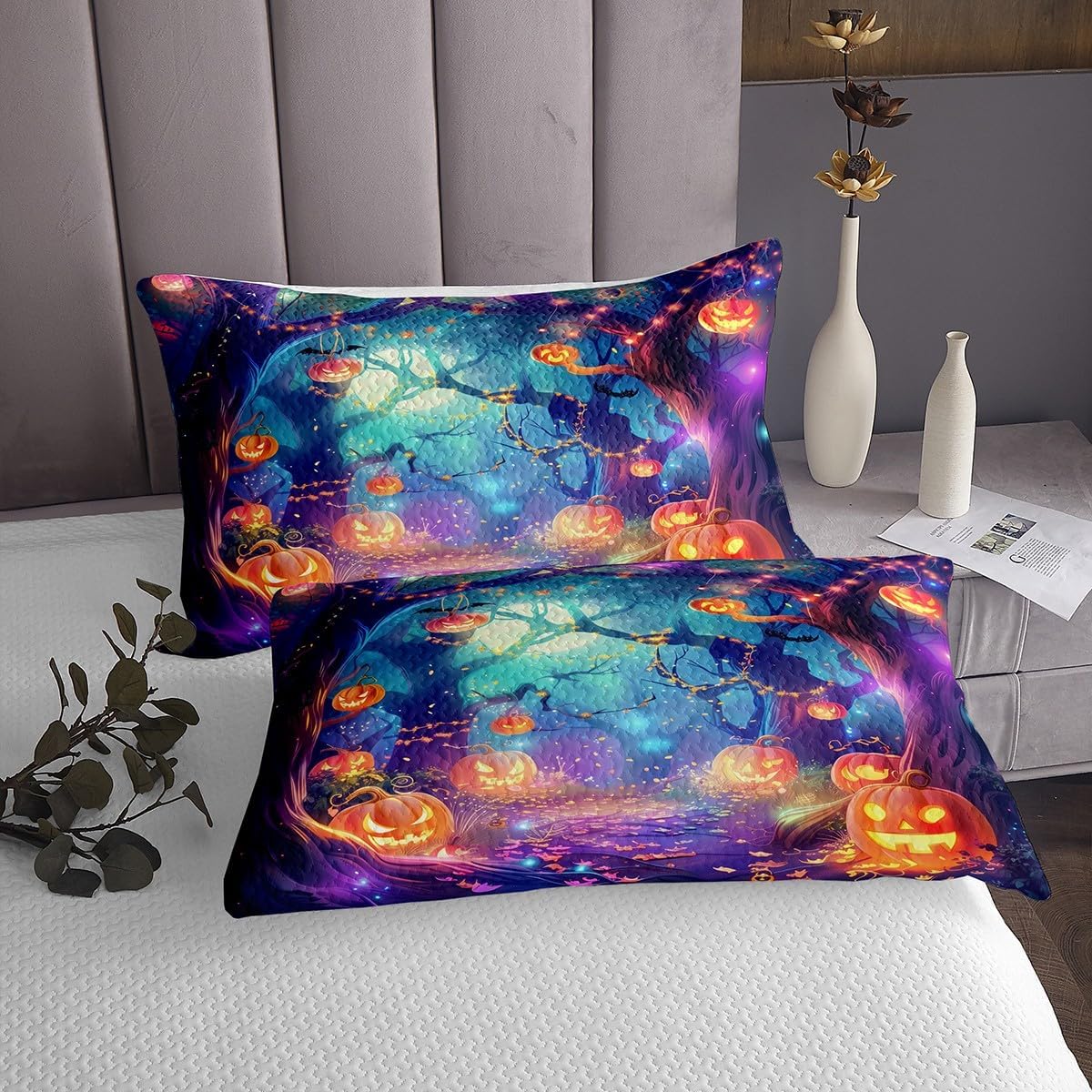 Halloween Pumpkin Lantern Bedspread Twin Size,Bat Jungle Glitter Bedding Set for Kids Boys Girls Room Decor,Fall Leaves Moonlight Horror Coverlet Set 2Pcs,Halloween Quilt,1 Pillowcase
