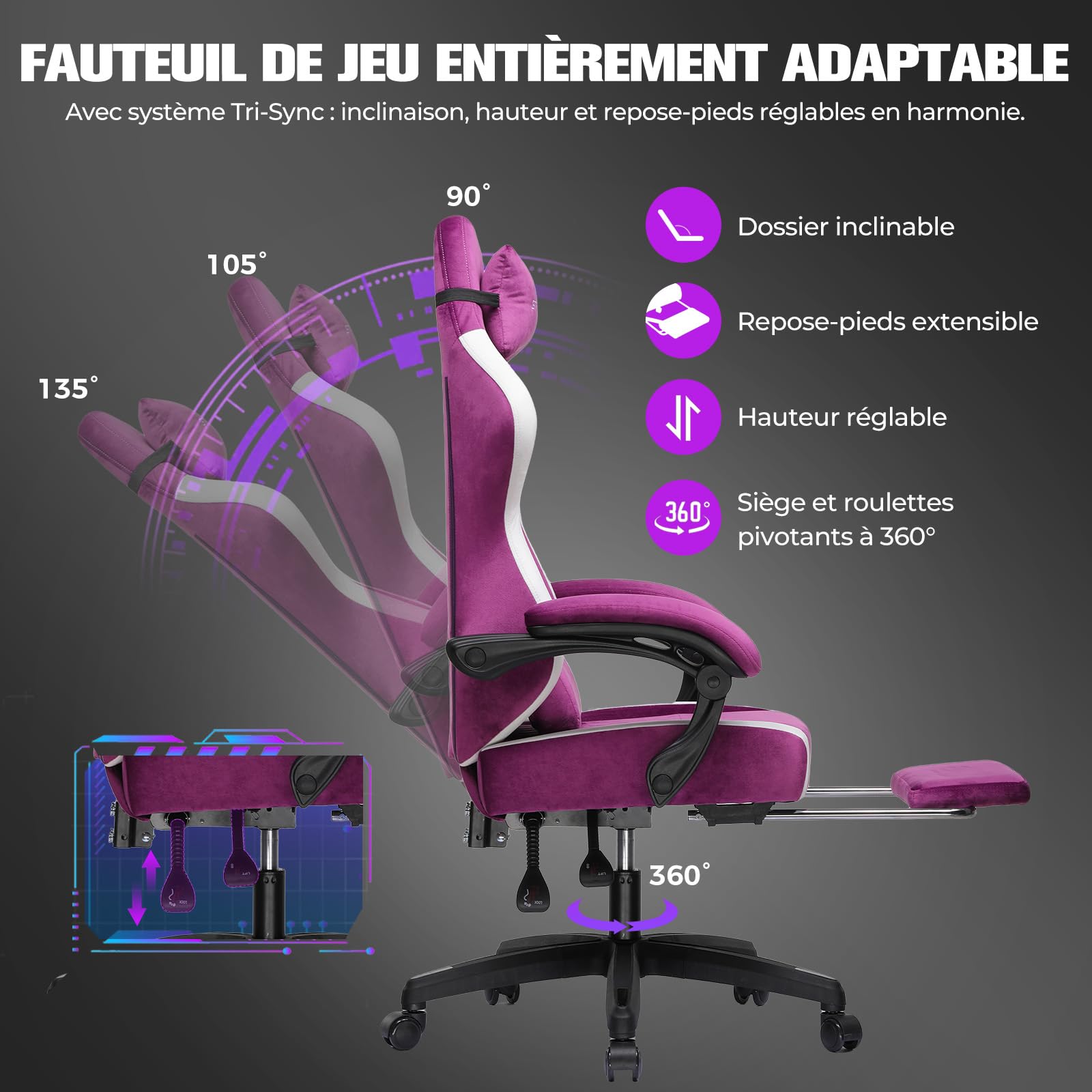 GTPLAYER Chaise Gaming Ergonomique, Chaise de Bureau en Tissu Respirant, Grande et Haute, pivotante, avec Repose-Pieds, Soutien Lombaire réglable et appuie-tête, Violet
