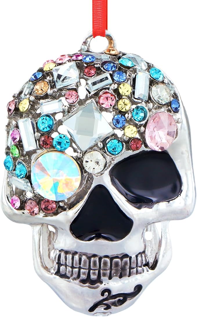 WaaHome Silver Metal Halloween Ornaments for Tree Decorations Mini Skull Christmas Ornaments Spooky Skeleton Ornament for Halloween Tree Decorations Day of The Dead Decor