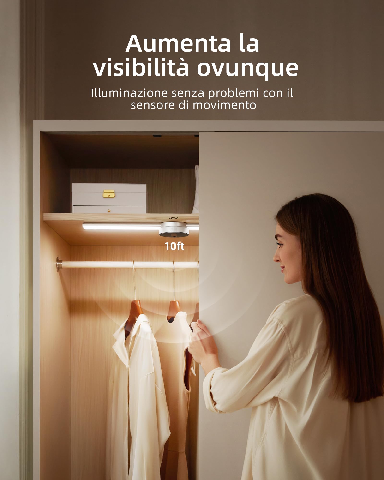 EZVALO Luce Armadio 55cm, Luce Notturna Sensore Movimento, 5000mAh Ricaricabile Luce, Dimmerazione Manuale a Induzione a 3 Modalità, per Camere, Corridoi, Armadi, Cucine