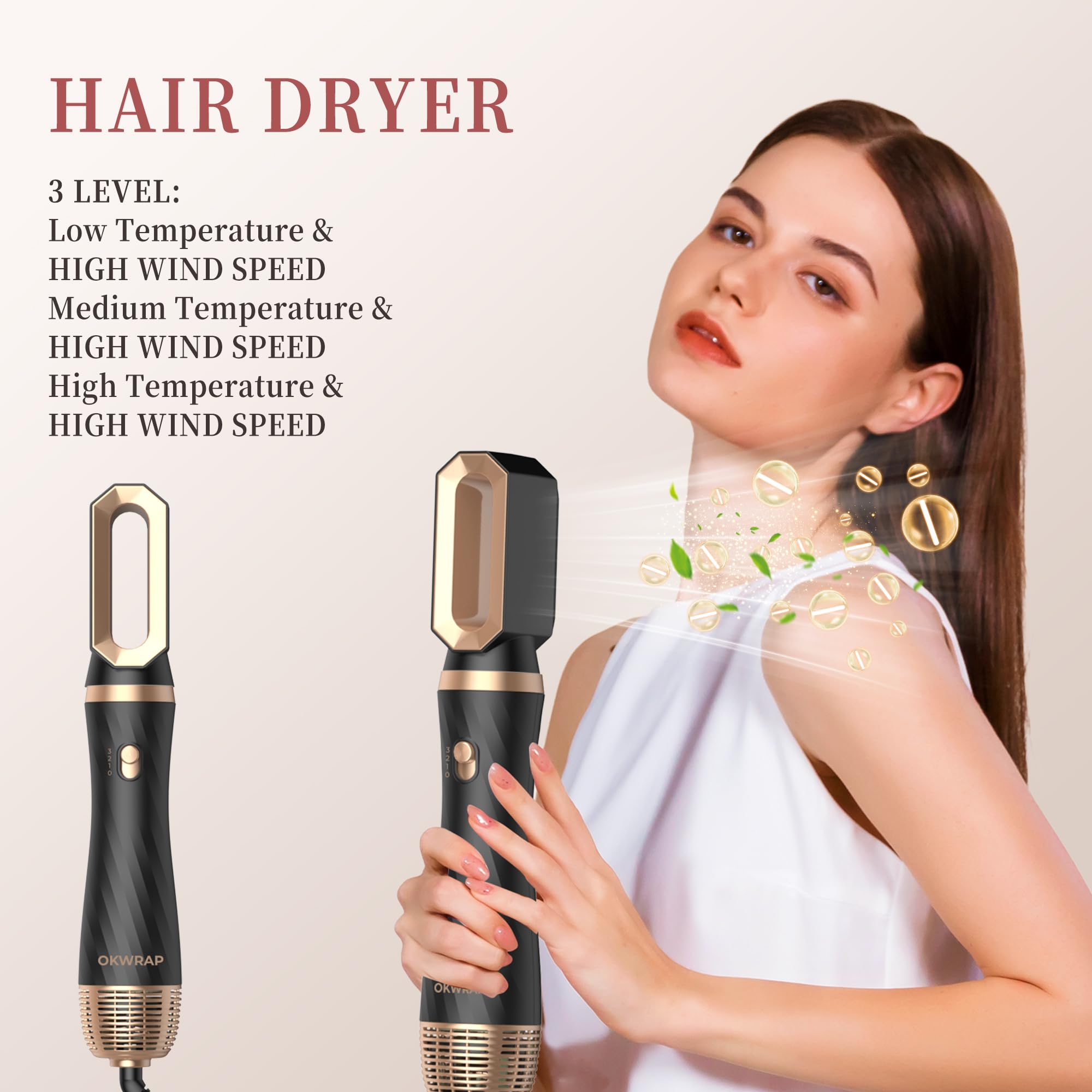 Airbrush 6 en 1OKWRAP Air Styler 6 en 1 Sèche-Cheveux, Brosse Soufflante Hair Styler Avec 6 Accessoires, Seche Cheveux, Fer a Boucler, Brosse Soufflante, Pour Sécher, Lisser