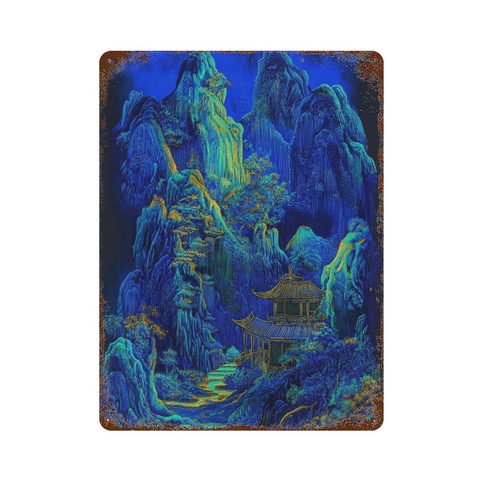 xiaoxiaoshen Midnight Blue Mountain Asian Temple Landscape Luminous Night Nature Wall Decor Art Metal Tin Poster Modern Home Decor Art Home Bar Shop Decorations Vintage Sign 40x30cm