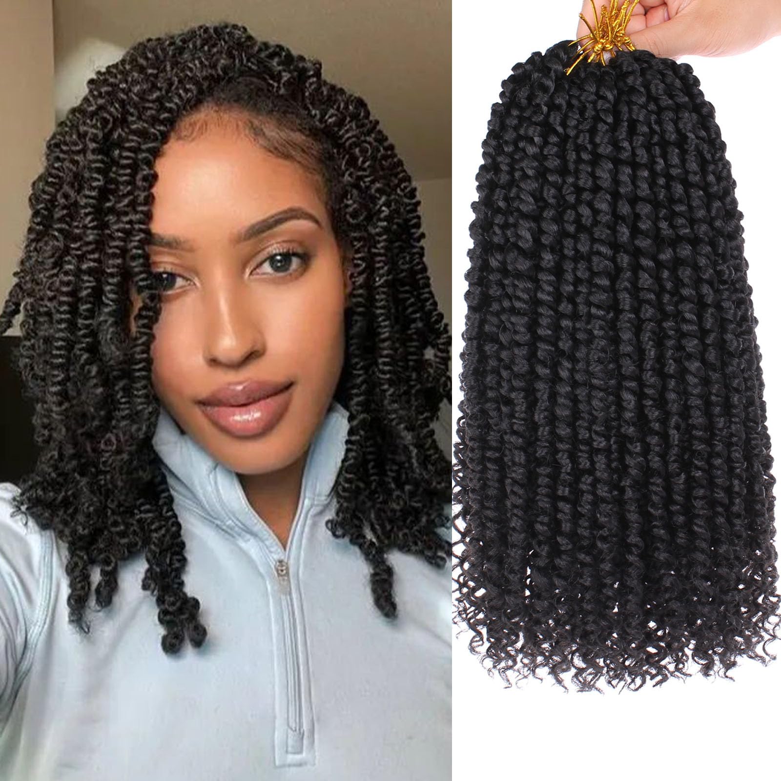 Samtress 14 Inch Passion Twist Crochet Hair 8 Packs Natural Black Pre-twisted Water Wave Crochet Twist Hair Synthetic Pre Looped Bohemian Curly Hair Extensions for Women (#1B)