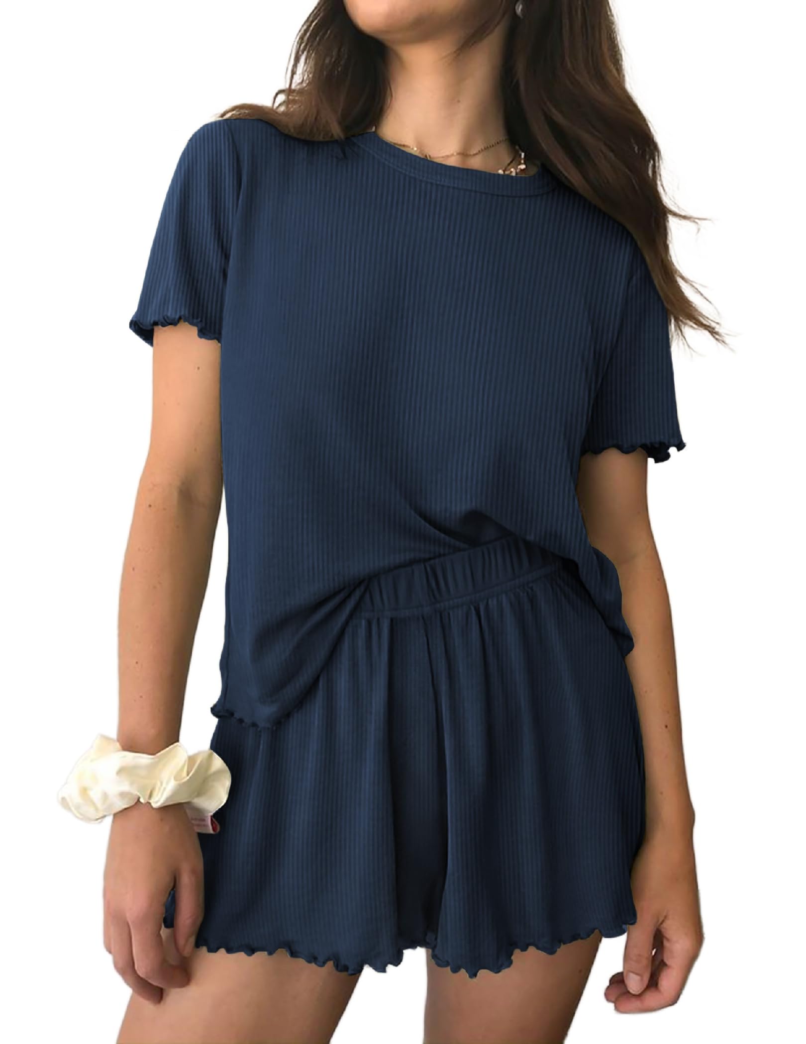 Ekouaer Womens Pajamas 2 Piece Ribbed Knit Pjs Short Sleeve Sleepwear Set Summer Soft Pajamas Set Casual Lounge Sets