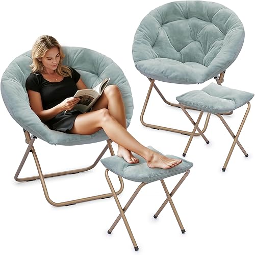 Miniatura 21 de Athena Collection Moderno platillo de terciopelo de piel sintética marrón, plegable, redonda, acogedora, con otomana, capacidad de peso de 300