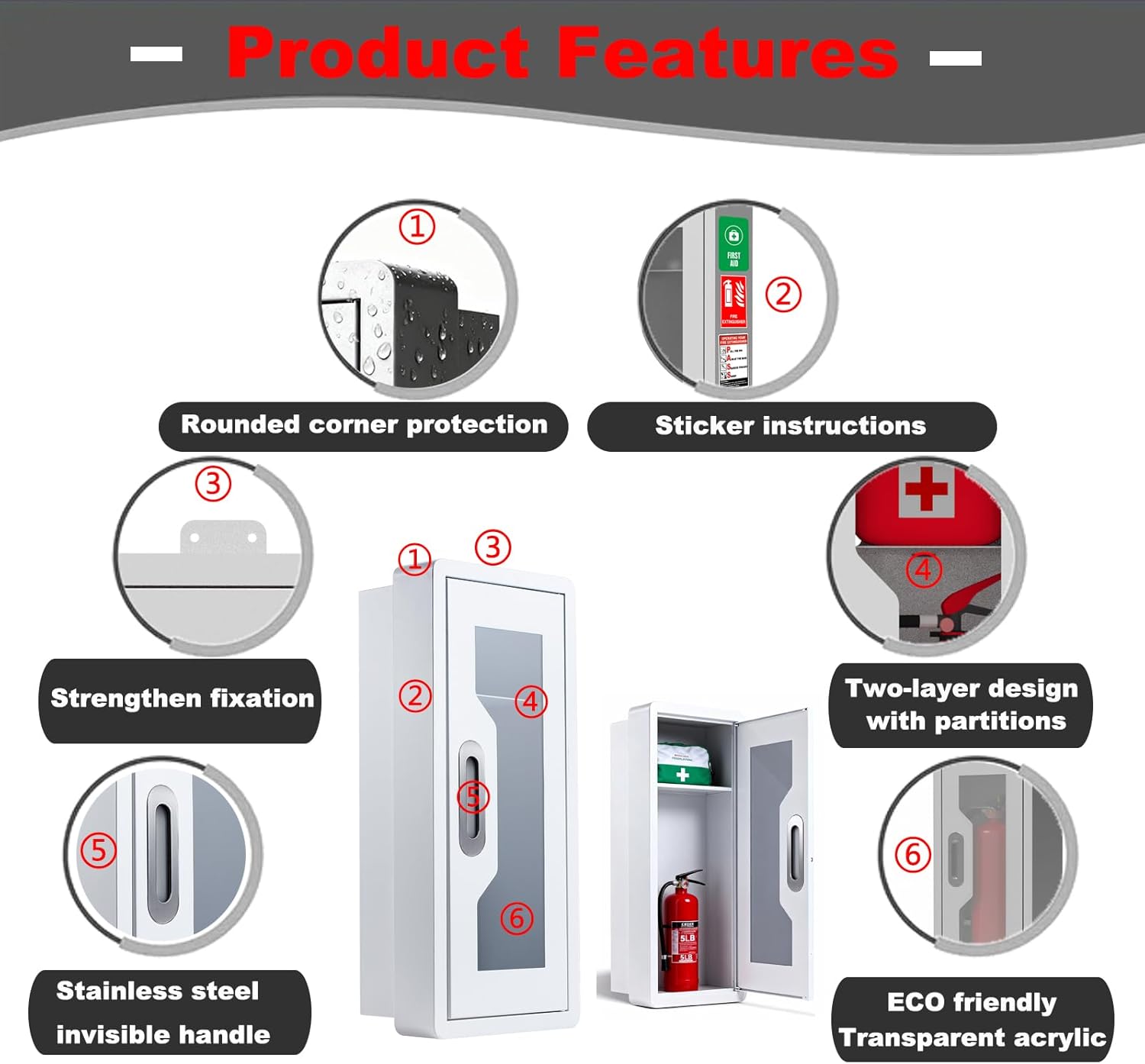 Steel Fire Extinguisher Cabinet, Magnetic Door with Acrylic Window Holds 2.5/5/10 LB Extinguisher & First Aid Kit, Semi-Recessed & Wall Mount Cabinet for Indoor/Outdoor (1PCS, White) (1, White)