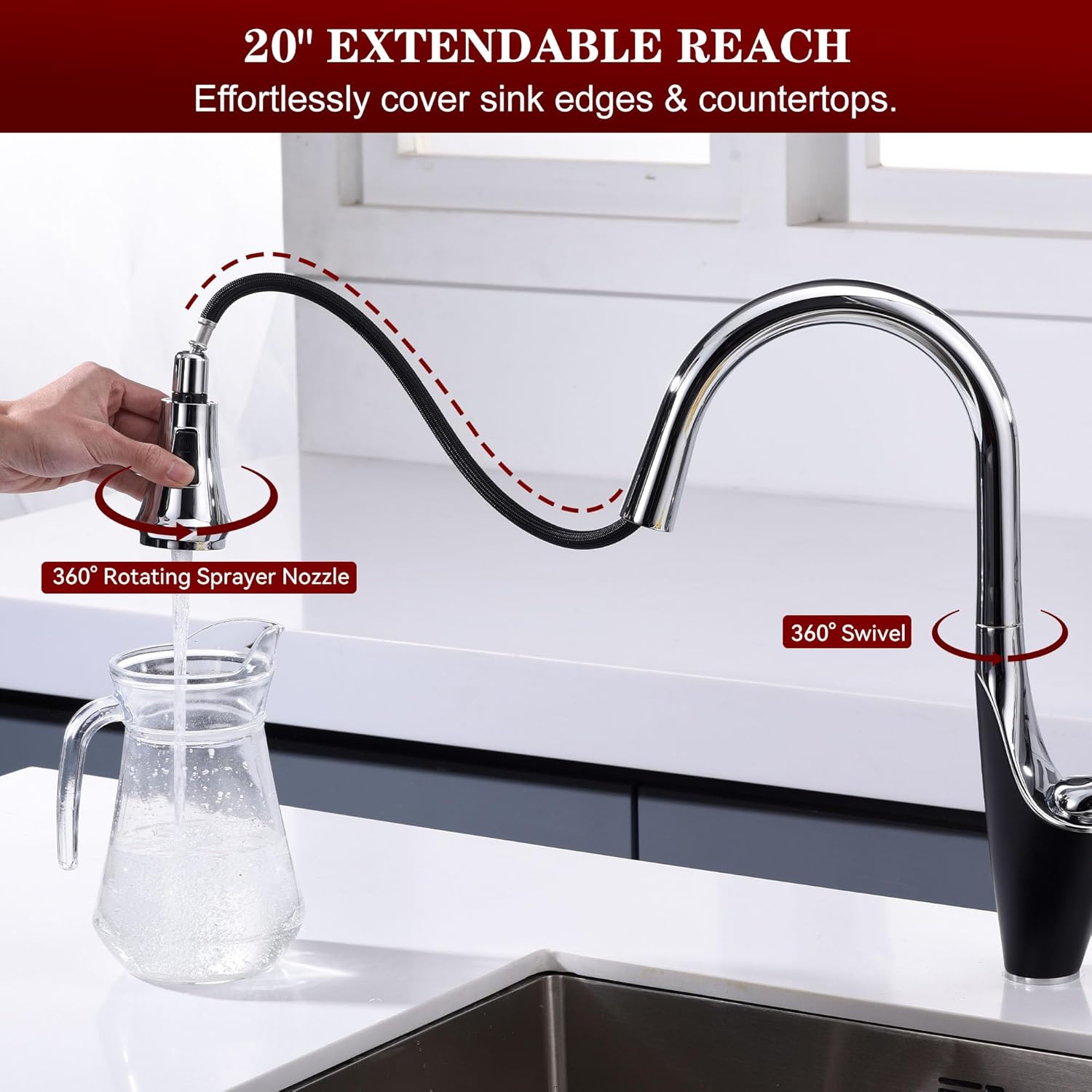 sumerain Single-Hole Kitchen Faucet with Pull Down Sprayer,Single Handle Stainless Steel Kitchen Sink Faucet,Chrome & Black