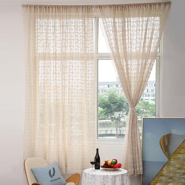 Yizunnu Beige Vintage Cotton Window Curtain Panel Boho Chic Hand Crochet Knitting Curtain Drapes for Bedroom Living Room (100cm x 180cm(W x L))