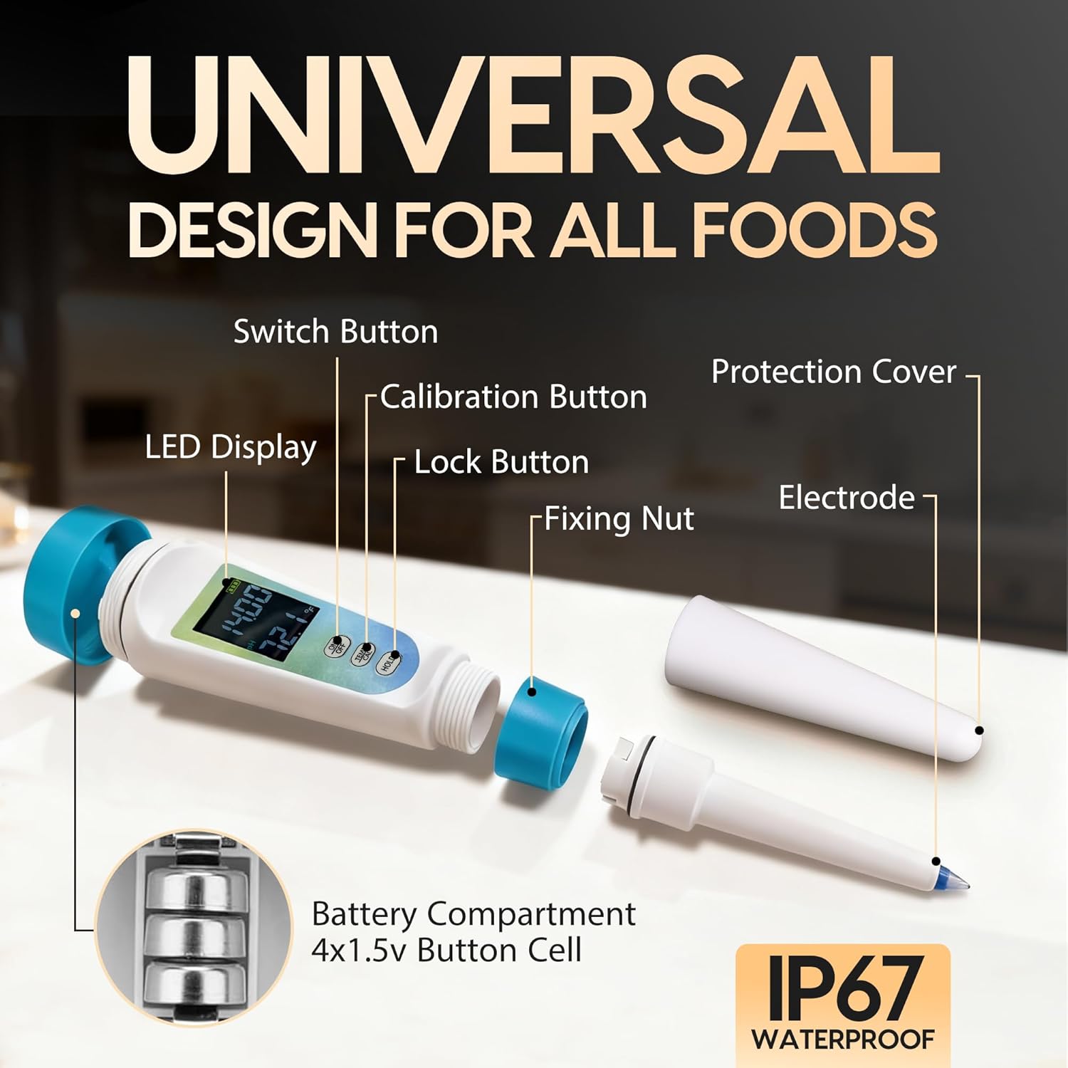 Digital pH Meter for Food Testing - Sourdough, Fermentation, Cheese & Canning - Solid Food Probe with Calibration Powder - Professional pH Tester for Home Cooks & Bakers (0.00-14.00)