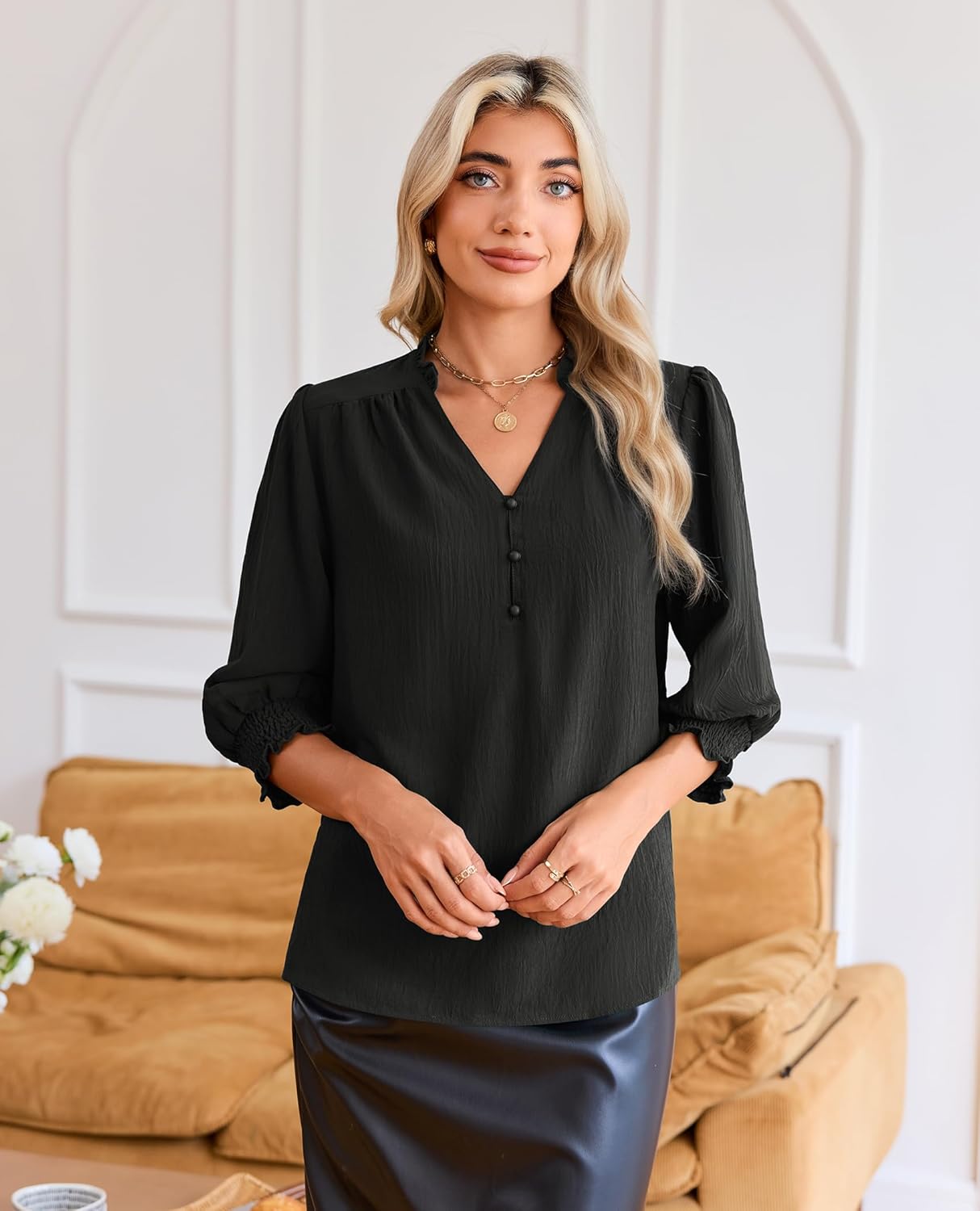 Blouses for Women Dressy Casual Long Sleeve Shirts V Neck Tunic Fall Trendy with Smocked Cuffs Business 2026 Outfits - Image 5