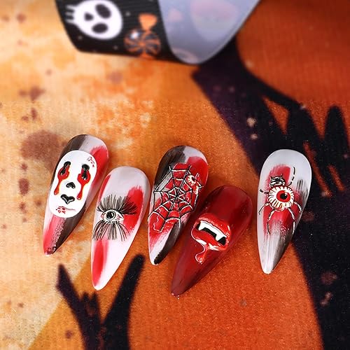 Miniatura 6 de Juego de 6 hojas de calcomanías de Halloween 5D para arte de uñas, diseño holográfico de calabaza, fantasma, cara, ojos, llama, día de los muertos,