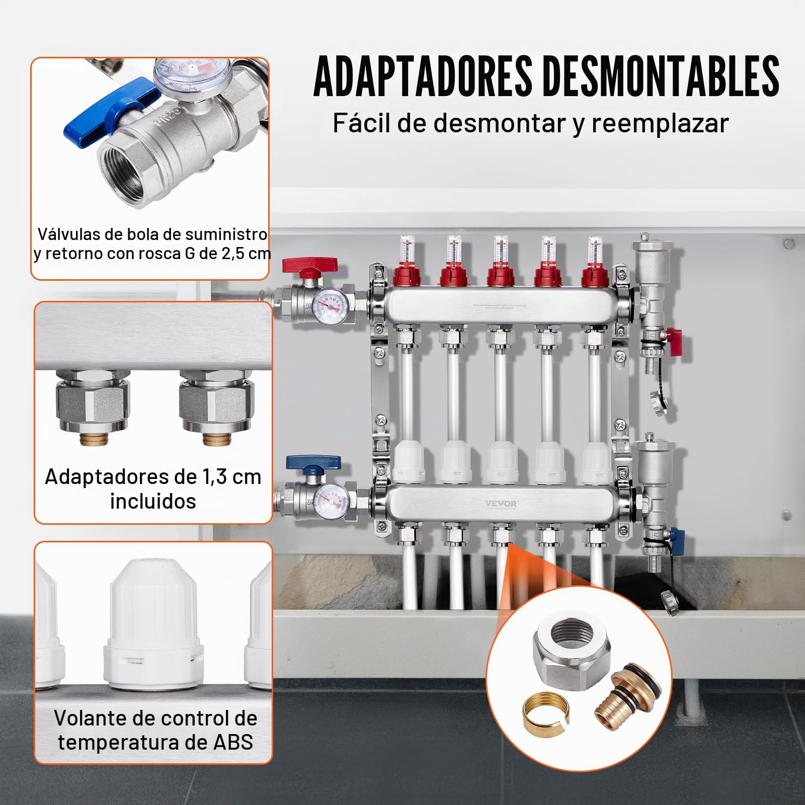 VEVOR Colector de Calor Radiante de 5 Derivaciones, Colector de Tubería PEX de Acero Inoxidable SUS304 para Calefacción por Suelo Radiante Hidrónico, con Adaptadores, 440 x 370 x 110 mm, 0-5 L/min