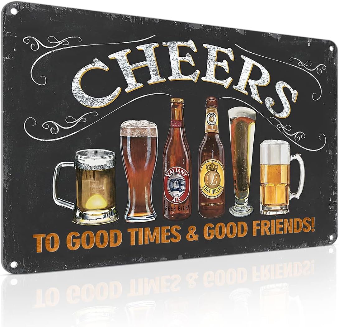 Ahee Vintage Bar Decor Pub Beer Cheers Sign 8"X12" -Cheers To Good Time & Good Friends - Retro Bar Signs For Home Bar Man Cave Wall Decor