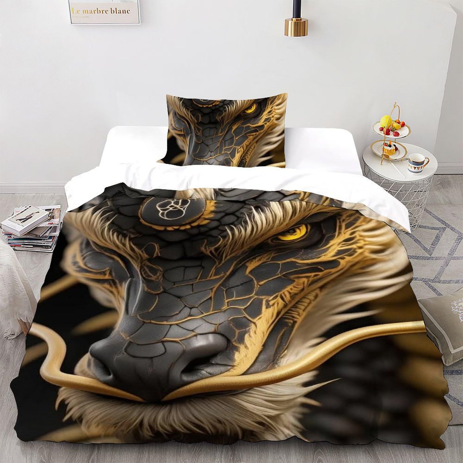 Parure de lit dragon d'or microfibre premium avec taies d'oreiller 3d