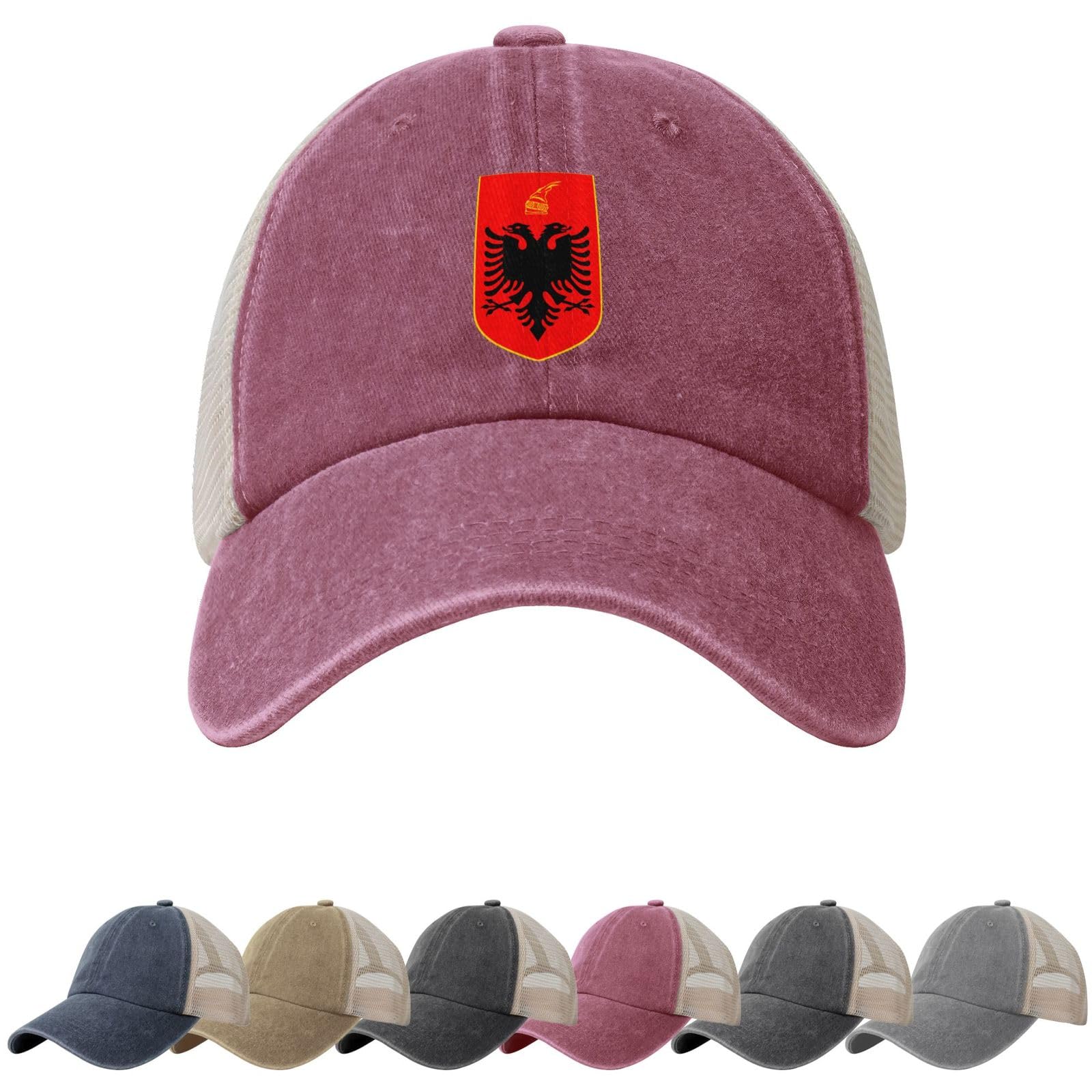 Coat of Arms of Albania Sun Hats for Men Women Albania Emblem Cowboy Mesh Baseball Cap Albanian Trucker Hat Red