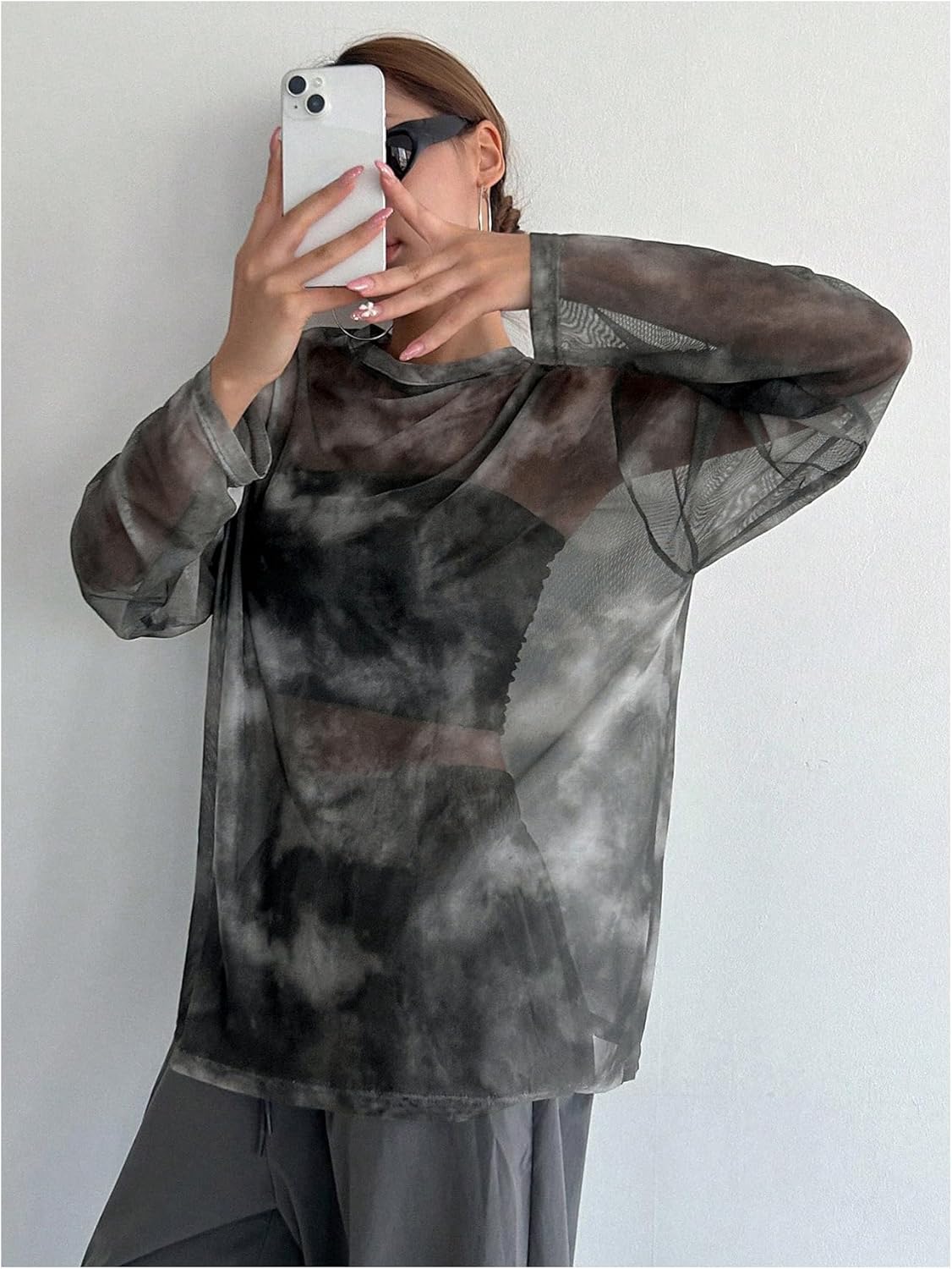 Verdusa Women's Y2k Tie Dye Sheer Mesh Top Drop Shoulder Long Sleeve Oversized Rave Streetwear Tops - Image 3