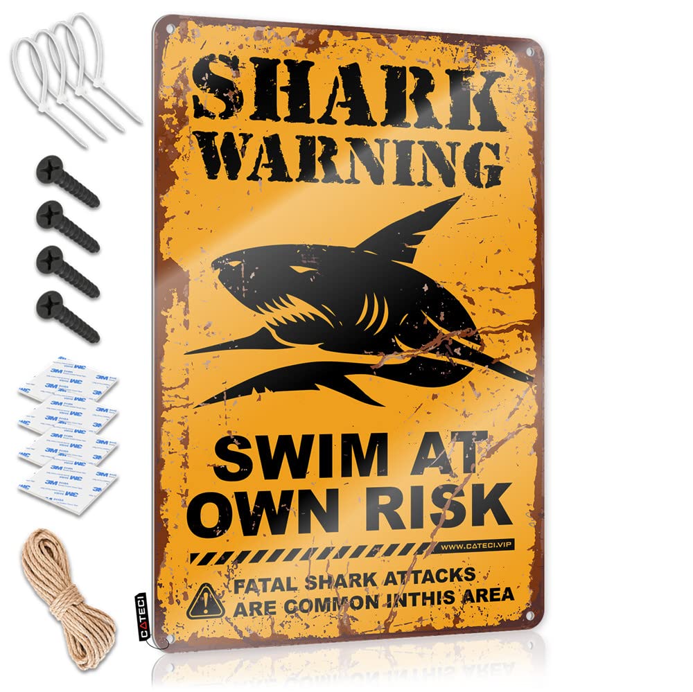 HELIOFORGE Funny Wall Decor Signs Shark Wrning Swim At Own Risk Tin Sign Funny Saying Tin Signs Beer Decor(30X40CM)