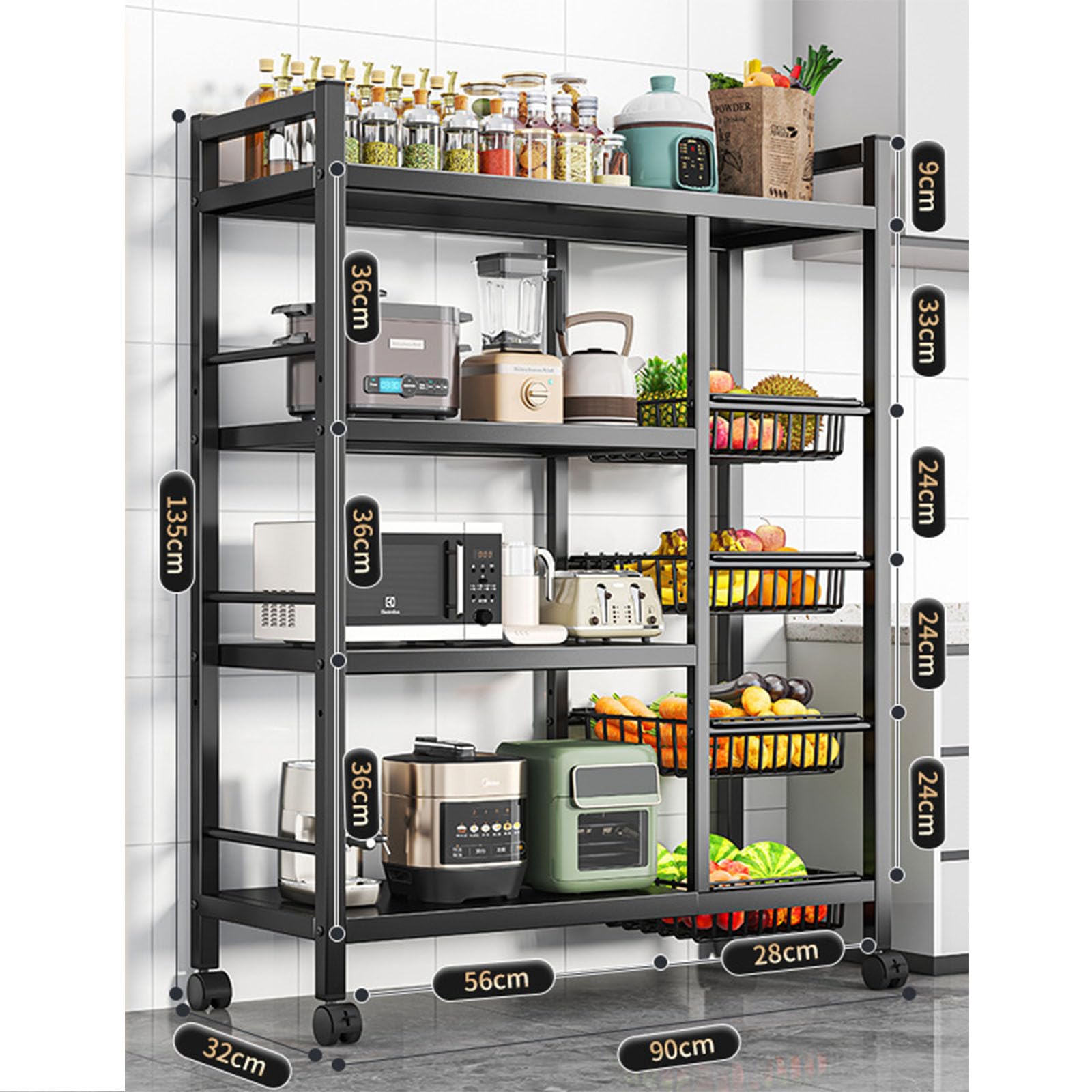 Un Etagère de Stockage en Métal Robuste et Durable Avec 4 Couches et 4 Paniers en Maille, Equipé de Rouleaux et de Hauteur Réglable de 5 Centimètres, Adapté Cuisines (noir, 36x12.6x53in/90x32x135cm)