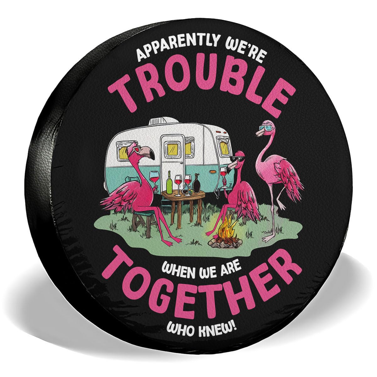 GENANY Flamingo Trouble PVC Spare Tire Cover for RV Trailer, Waterproof, Size 18 Fits 33-35 Inch