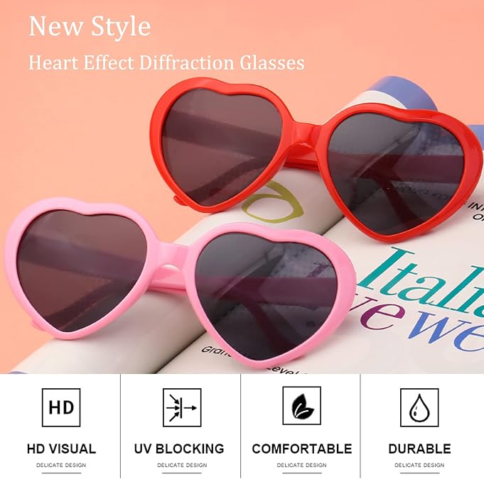 2 Pack Heart Shaped Sunglasses, Heart Effect Sunglasses for Rave Party, Valentines Day Love Gift