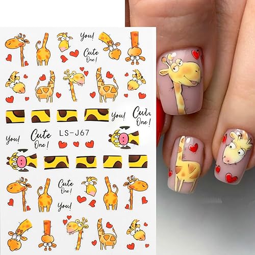 Miniatura 2 de 6 hojas de calcomanías de uñas de jirafa de dibujos animados 3D, calcomanías autoadhesivas lindas Kawaii para arte de uñas de pizza, bocadillos,